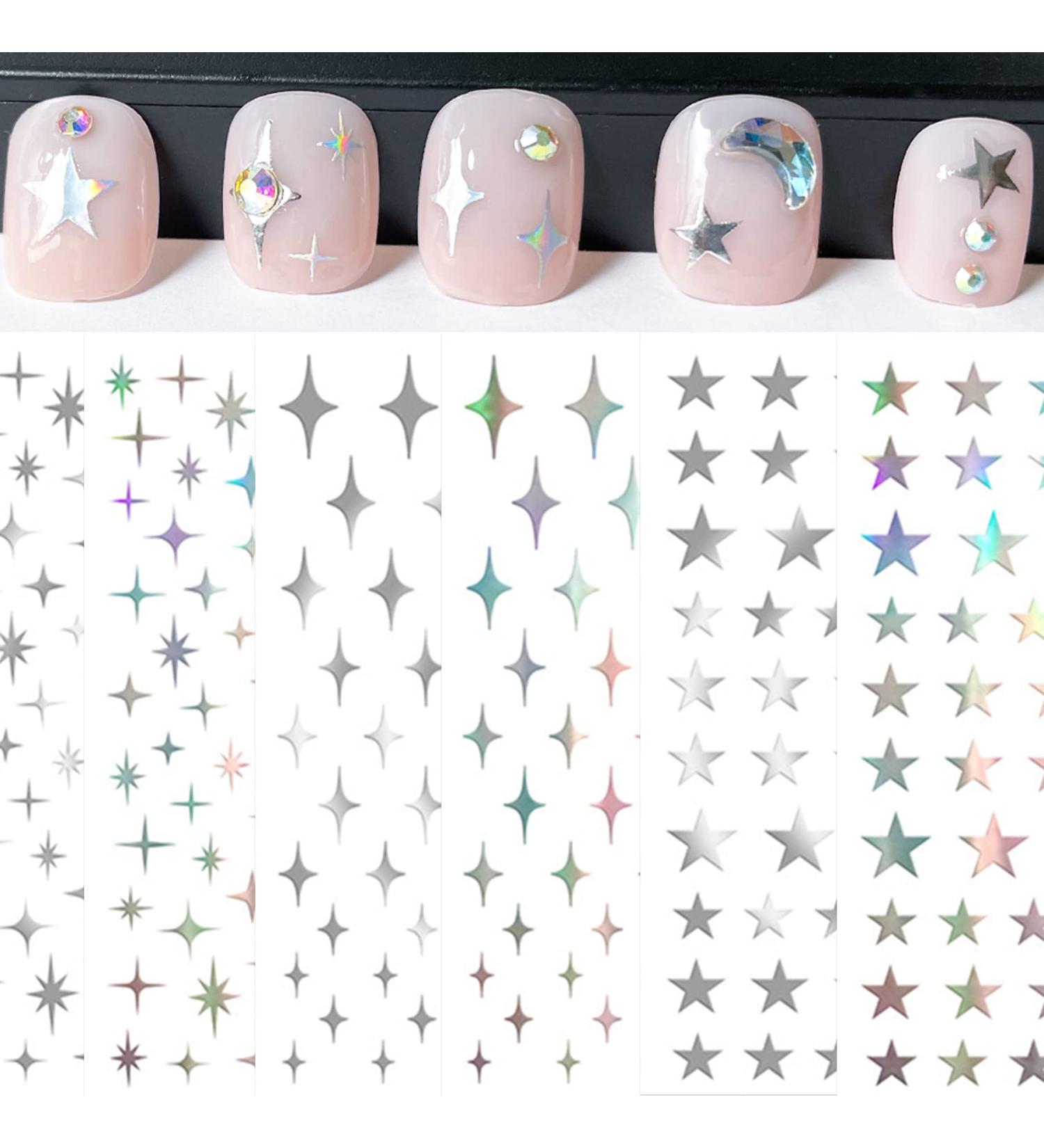 Silver Star Nail Stickers Self Adhesive Nail Art Decals for Women, Girls, and Kids | Pack of 6 Aurora Silver Star Designs for Nail Decor - Buy Online on GoSupps.com