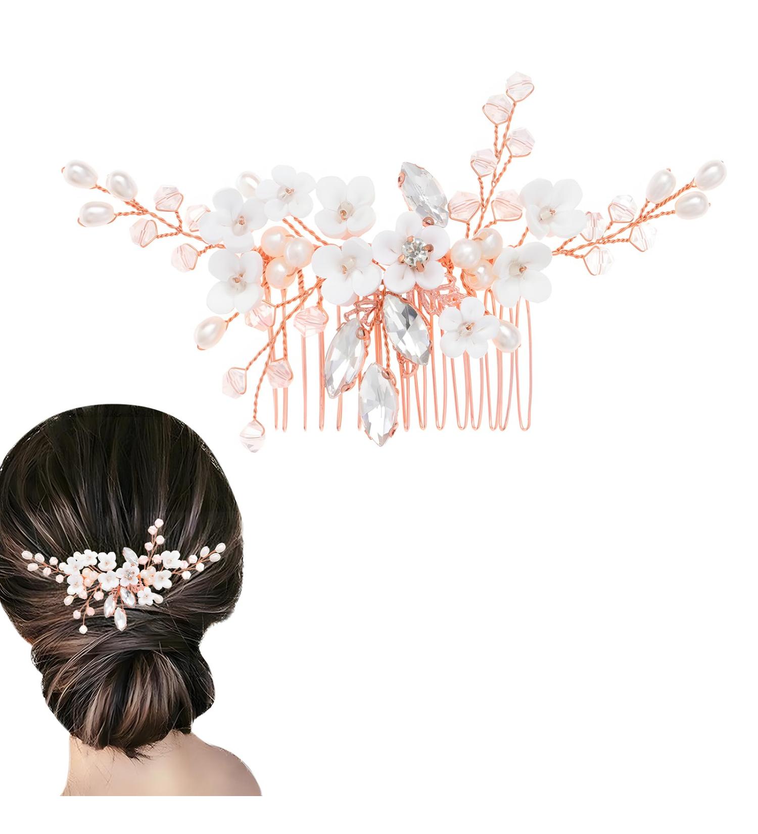 Fairvir Bridal Wedding Hair Comb Flower Silver Rhinestone Sparky Crystal Bride Leaf Side Combs Pearl Hair Accessories for Women and Girls (Rose Gold) - Buy Online on GoSupps.com