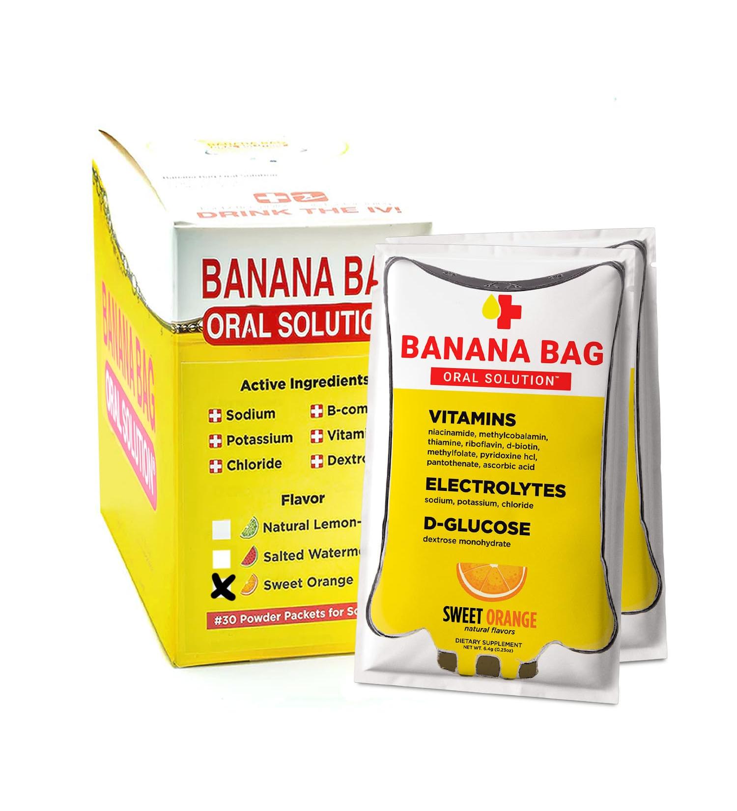Banana Bag Oral Solution - Sweet Orange 30-Pack | Medbox Hydration Recovery Electrolyte & Vitamin Drink Mix | International Shipping Available - Buy Online on GoSupps.com
