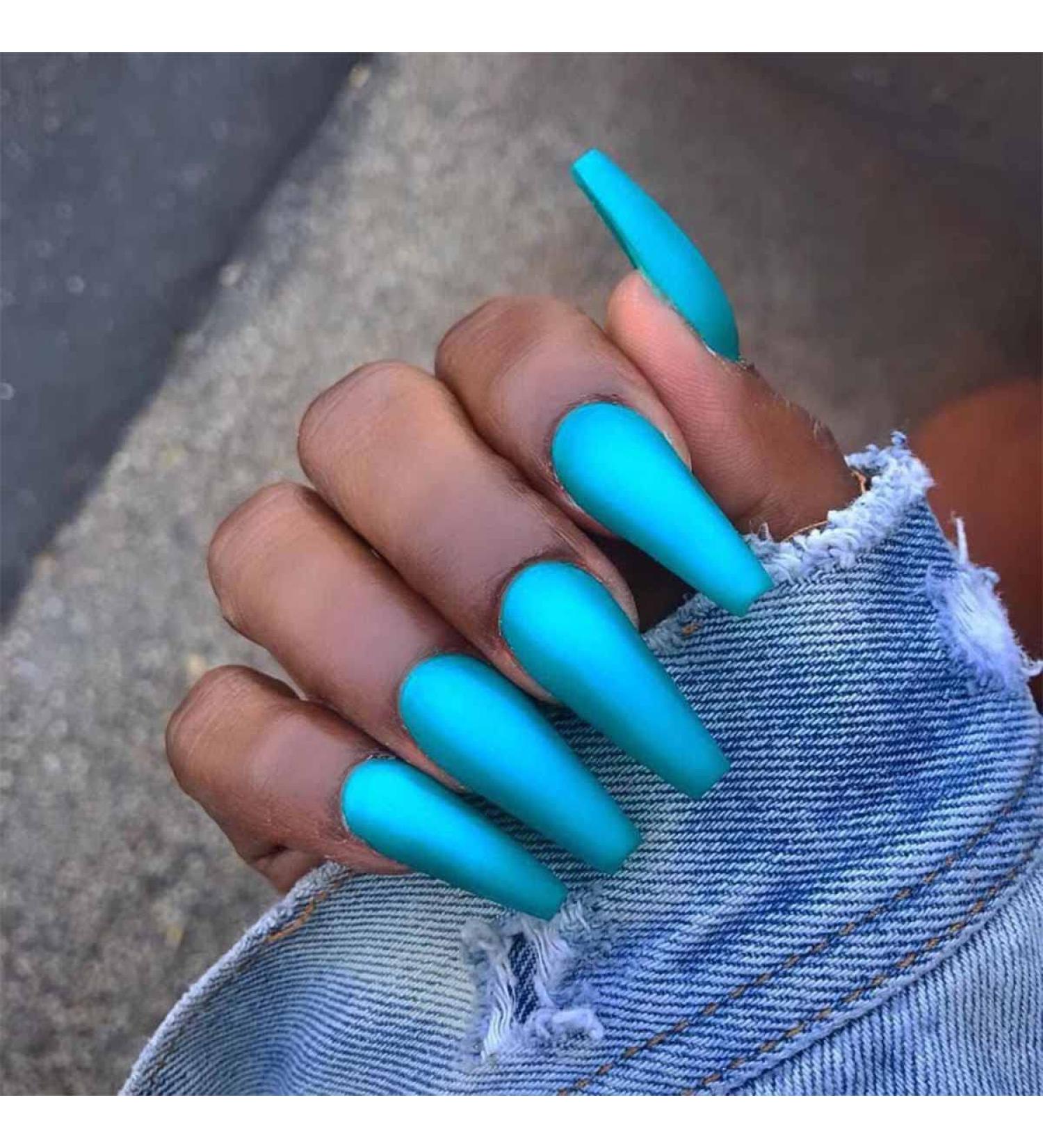 Bufenia Matt Pure Colorful Long Ballerina Press-On Nails - 24 Full Cover Coffin Nails for Women & Girls (Blue) | International Shipping Available - Buy Online on GoSupps.com
