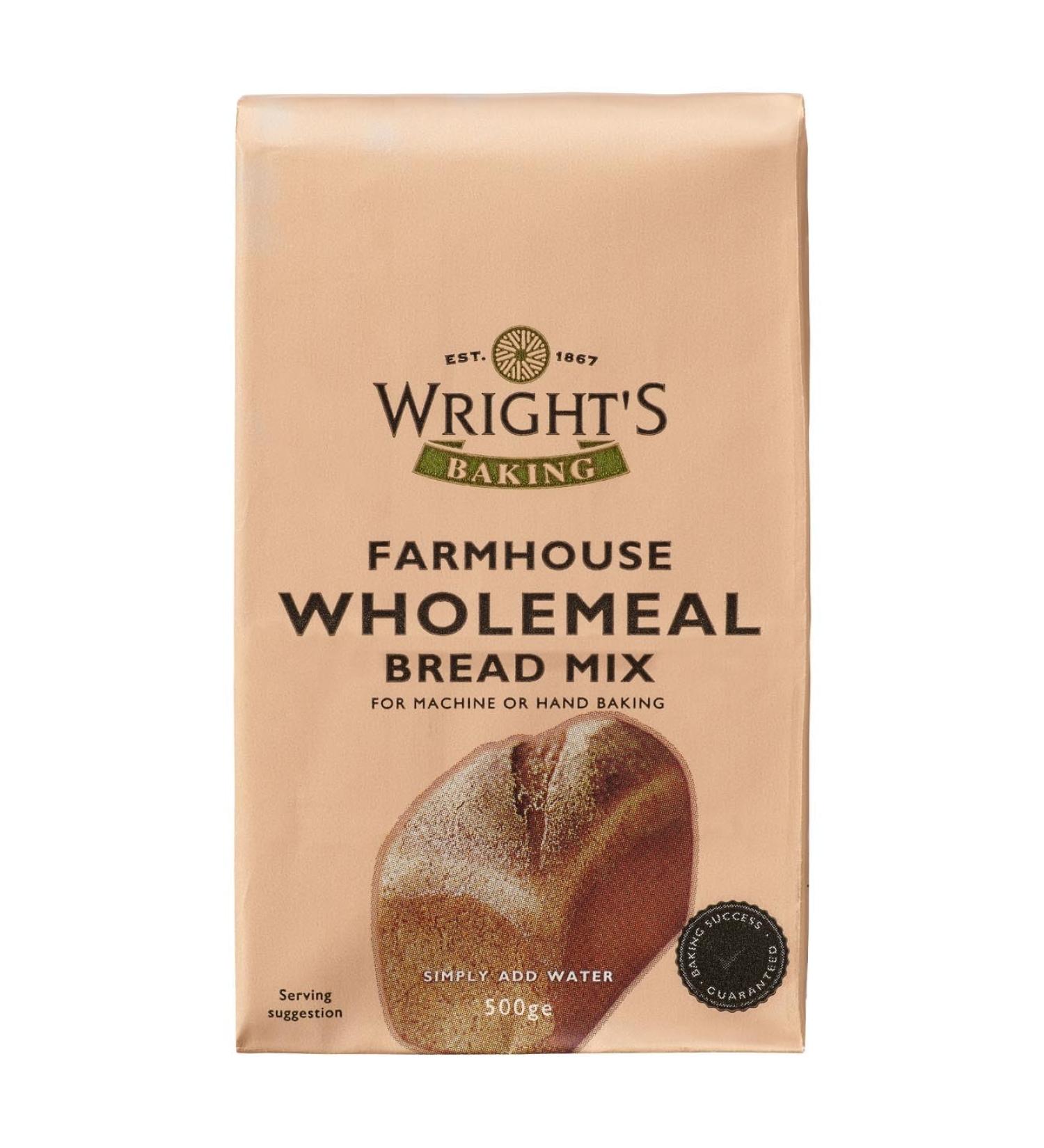 wright's | Farmhouse Wholemeal bread mix 500g | Simply Add Oil and Water | For Machine or Hand Baking | Suitable for Vegetarians - Buy Online on GoSupps.com