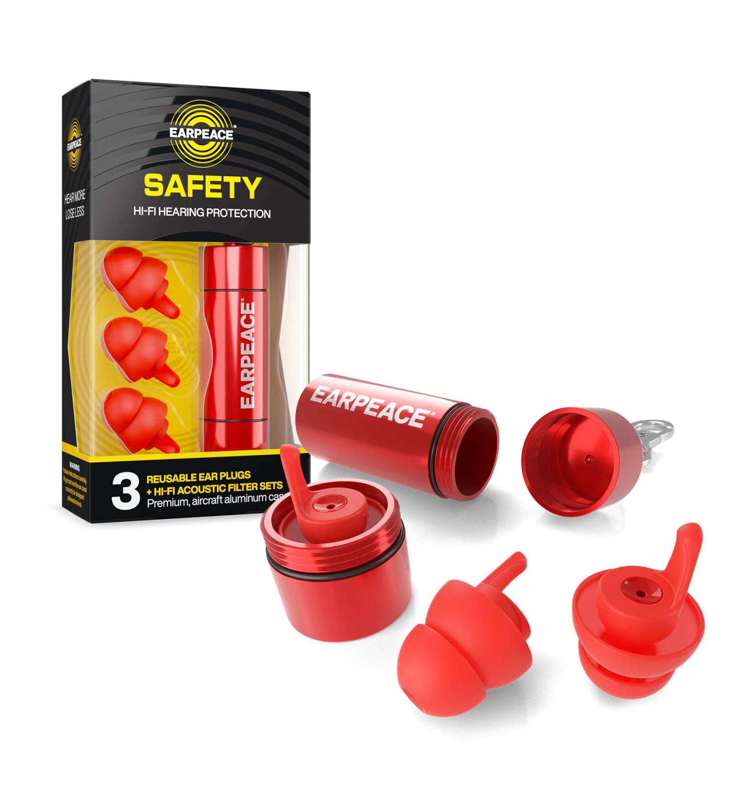 EarPeace Reusable High Fidelity Safety Ear Plugs for DIY Construction, Loud Environments, Airplane Noise Reduction - Standard Red Case - Buy Online on GoSupps.com