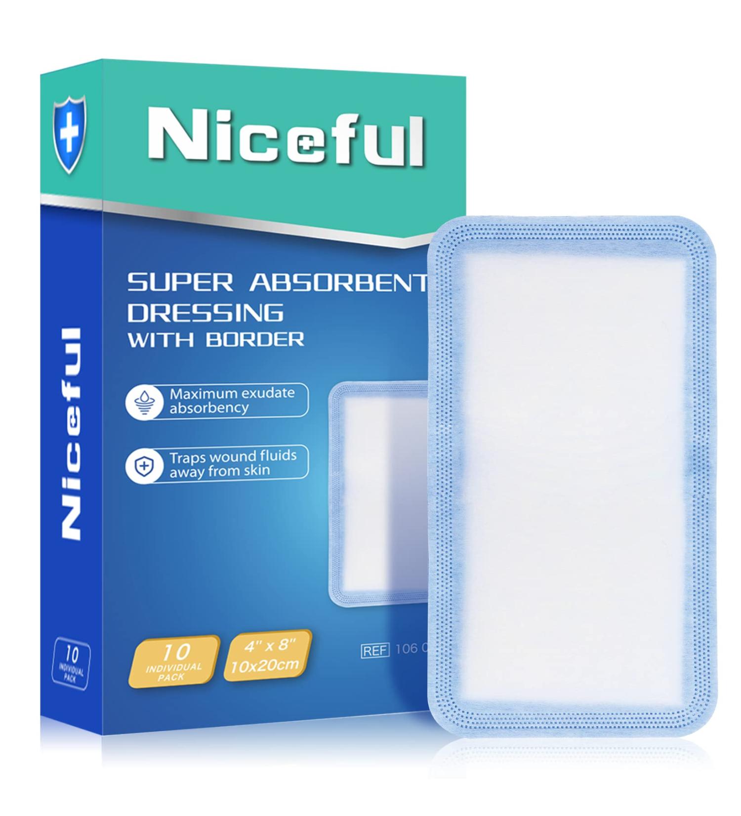 Niceful Super Absorbent Dressing 4 x 8 - Non-Stick Large Surgical Pads for Wound Care - 10 Individually Packed Dressings - Buy Online on GoSupps.com