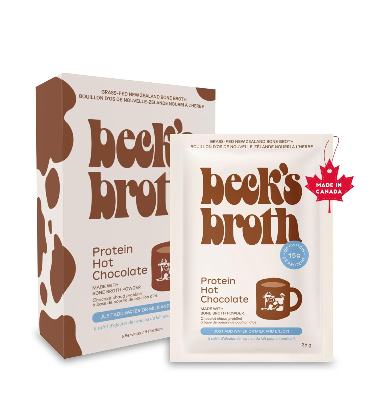 Beck's Broth Hot Chocolate - Bone Broth Powder Sachets (5-Pack) | 15g of Protein Per Serving | All Natural Pasture Raised Beef Broth | Dairy Free Gluten Free | Protein Hot Chocolate | Rich & Creamy - Buy Online on GoSupps.com