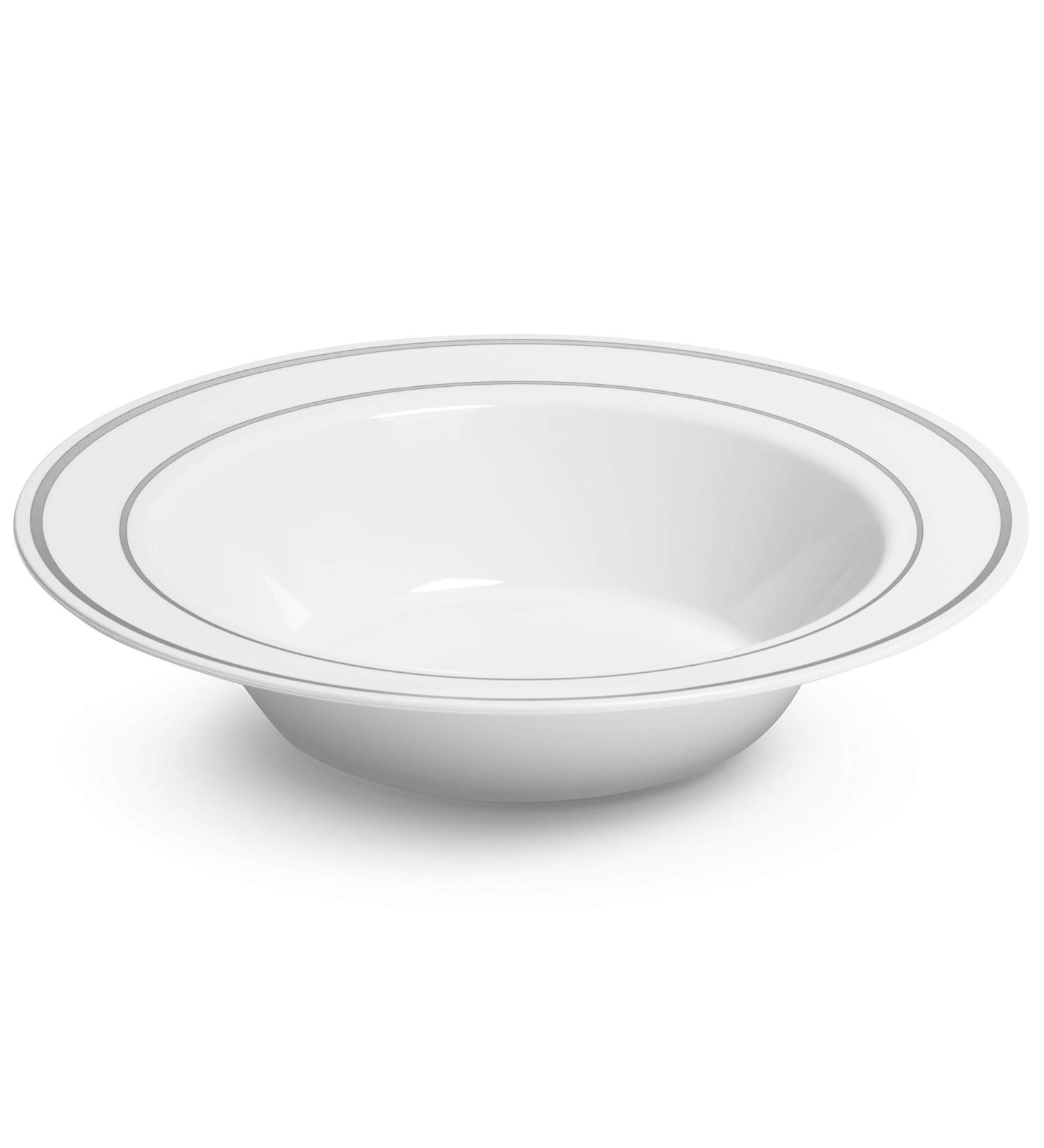 Silver Rimmed White Bowls 5oz - 50 Count - Hard Plastic - Disposable/Reusable - Dessert, Salad, Cereal, Pasta Bowls - Buy Online on GoSupps.com