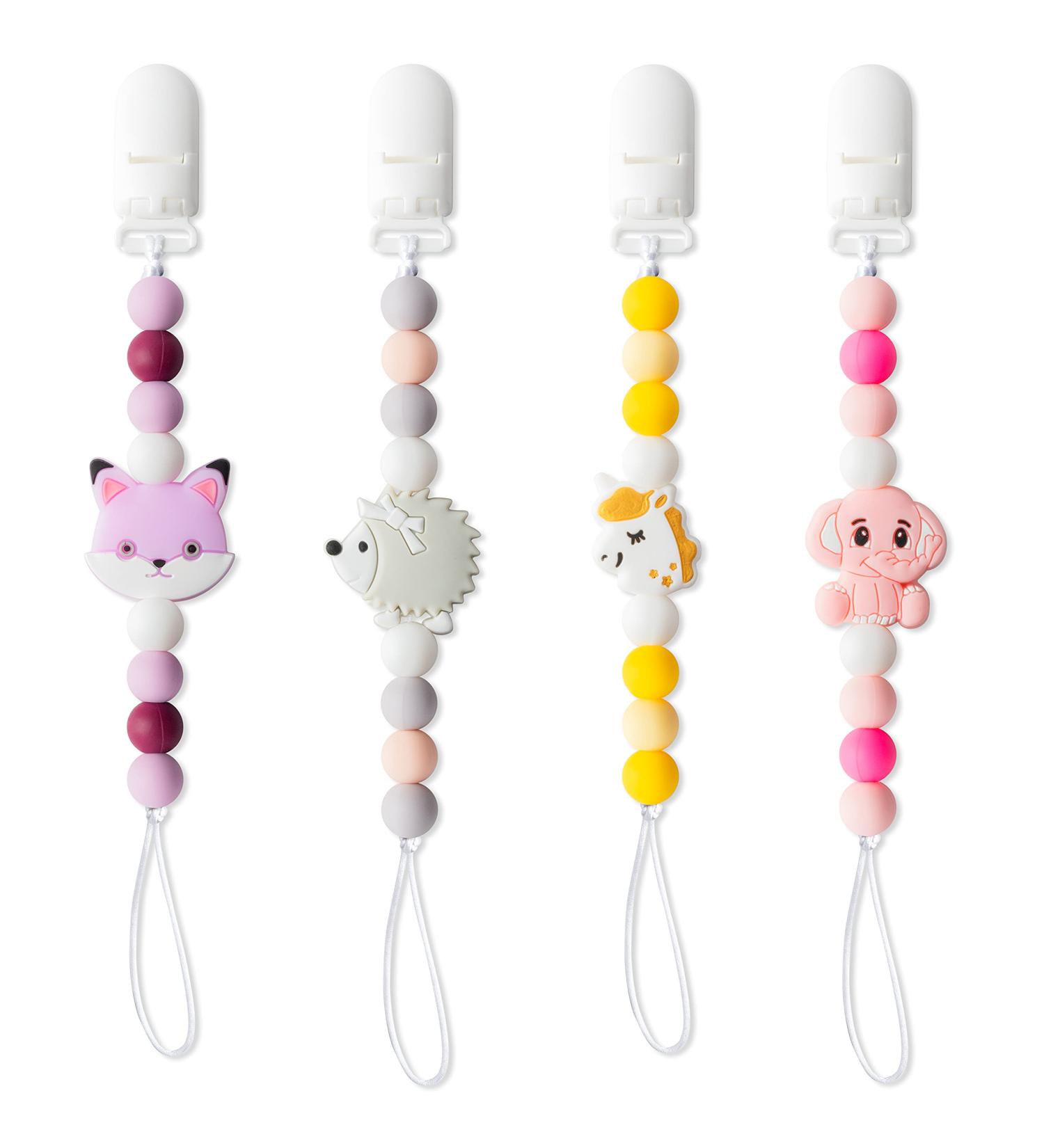 Silicone Pacifier Clip Set for Babies - Elephant, Unicorn, Fox, Hedgehog Design - Teething Soothie Toy and Keepsake Gift - Buy Online on GoSupps.com