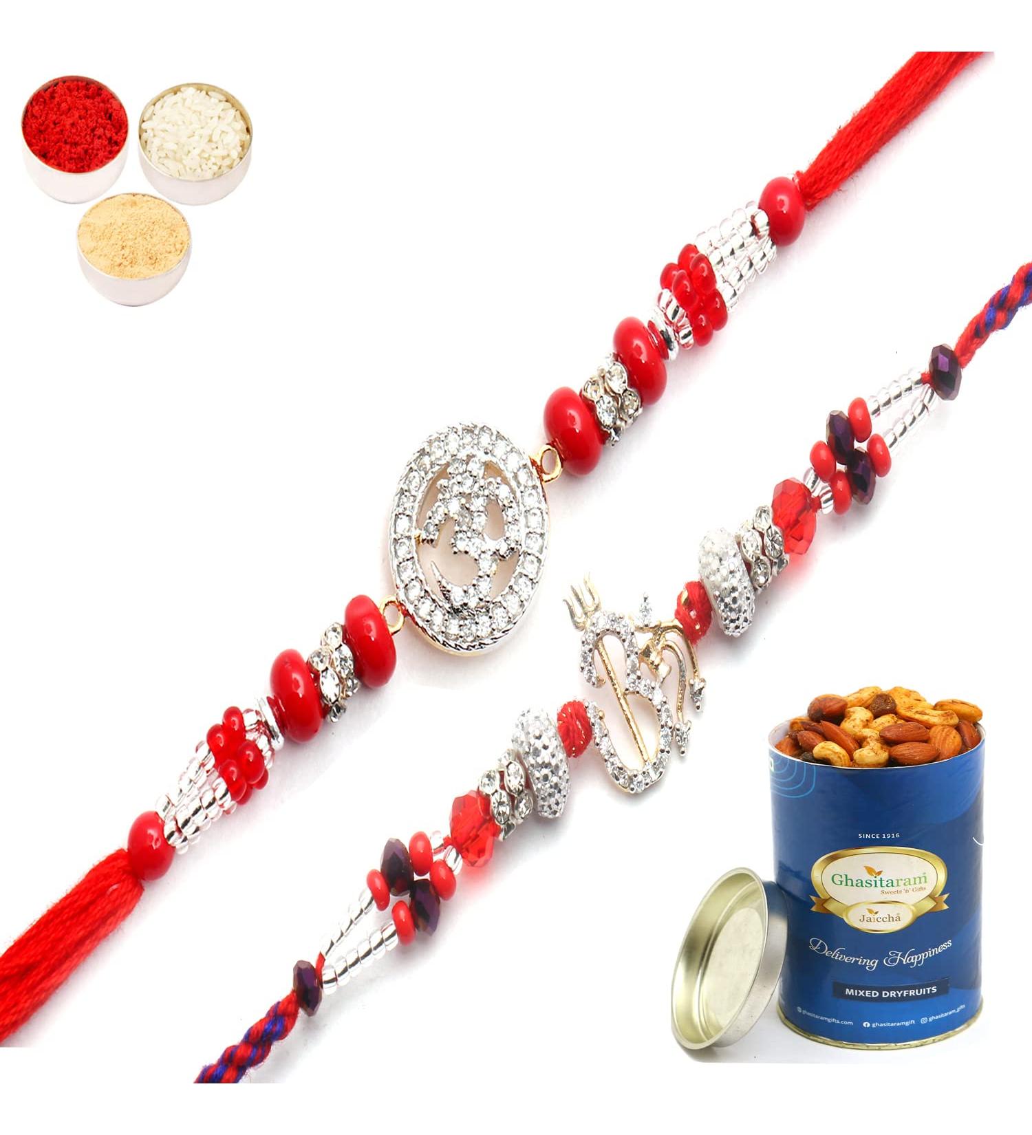 Ghasitaram Gifts Rakhi for Brother Rakhis Online - Set of 2 Chants of Om and Blessings of The Highest Aura Premium Rakhis with 100 GMS of Dryfruits Mix Can - Buy Online on GoSupps.com