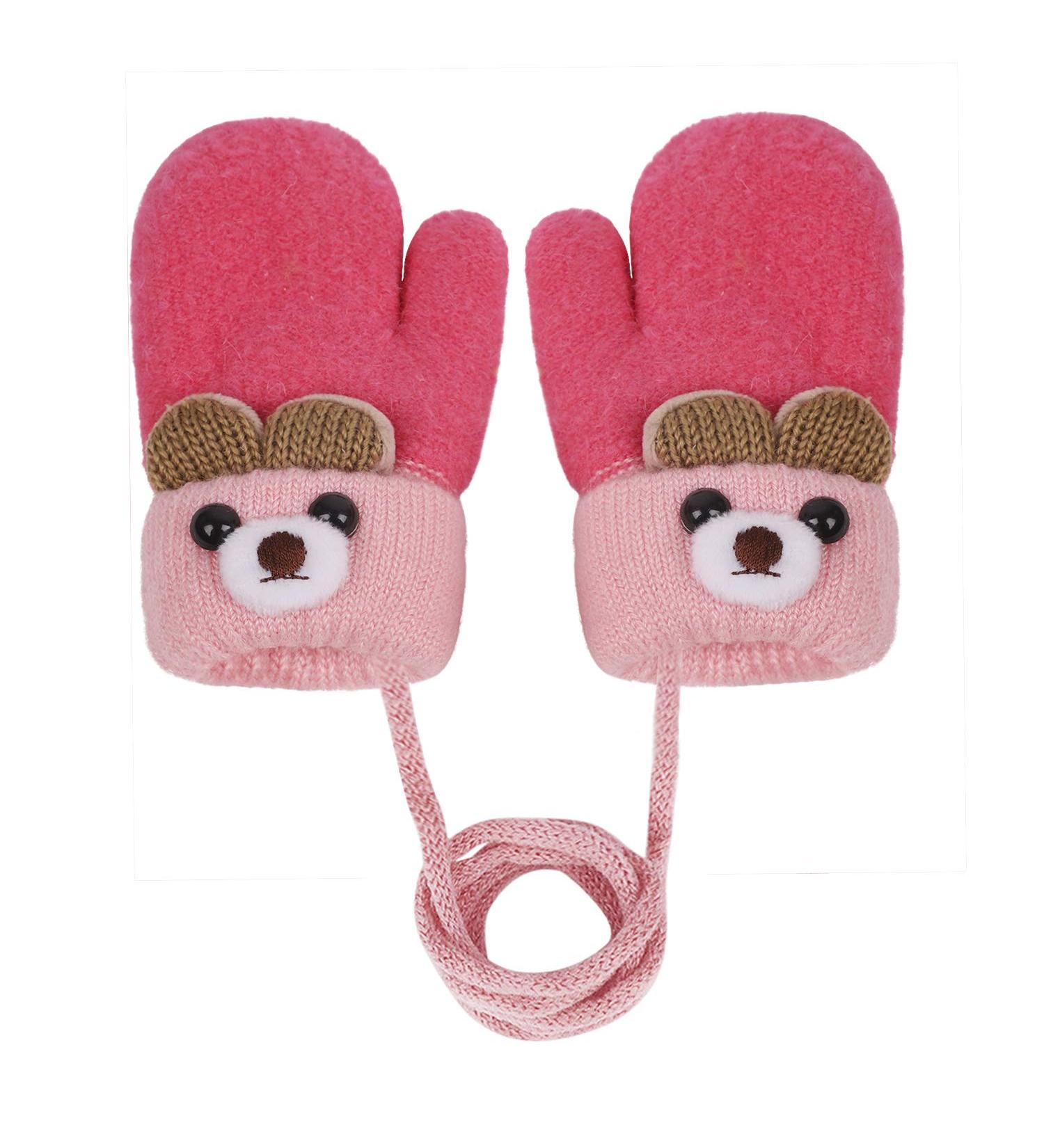 Kids Toddlers Knitted Gloves Mittens with String | Fleece Lined Winter Mittens for Boys Girls | Cartoon Design | Ages 0-3 | Rose Red - Buy Online on GoSupps.com
