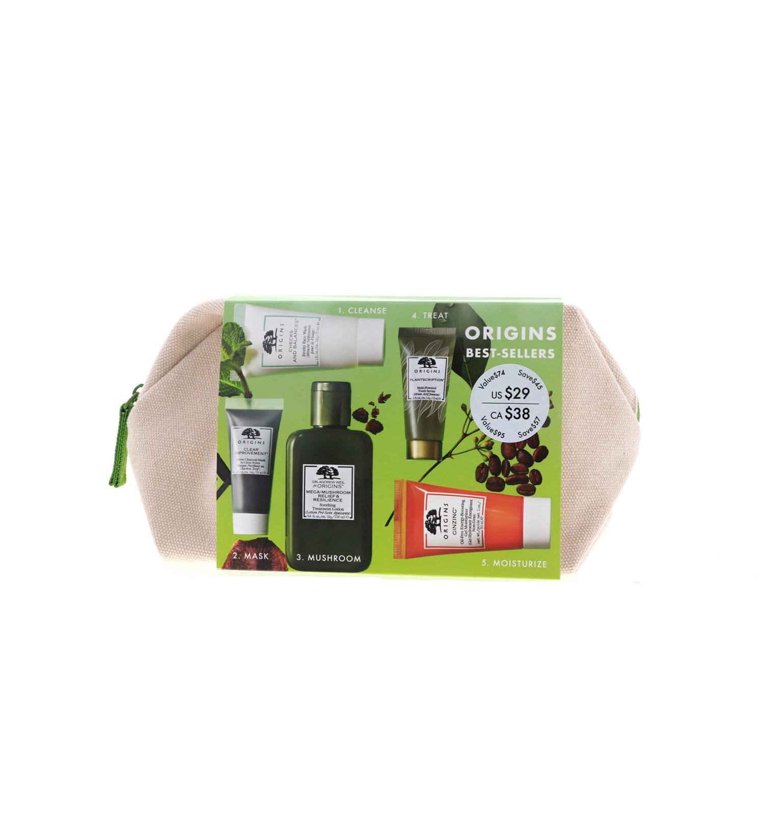 Shop Origins Best Sellers 5-Piece Skin Care Set | Soothing Lotion Gel Moisturizer Face Wash Serum & Charcoal Mask - International Shipping Available - Buy Online on GoSupps.com