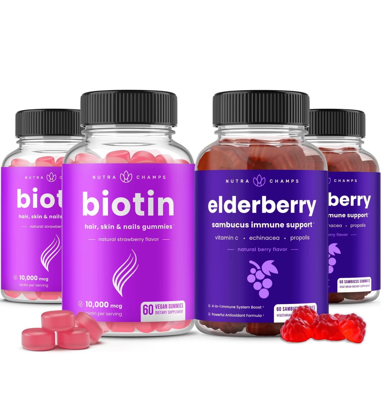 NutraChamps Biotin Gummies (2 Pack) and Elderberry Gummies (2 Pack) 4 Pack Bundle - Buy Online on GoSupps.com