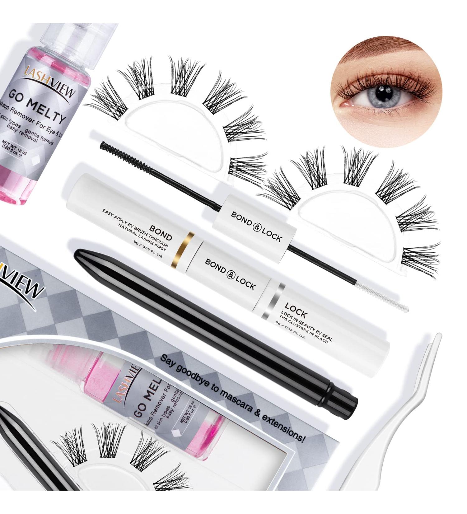 LASHVIEW DIY Eyelash Extension Kit 12 Clusters Volume Lashes Set | 3D Effect C Curl Lashes Pack 14mm | Includes Applicator, Bond & Seal, Remover | Eye Lifting Glamour - Buy Online on GoSupps.com