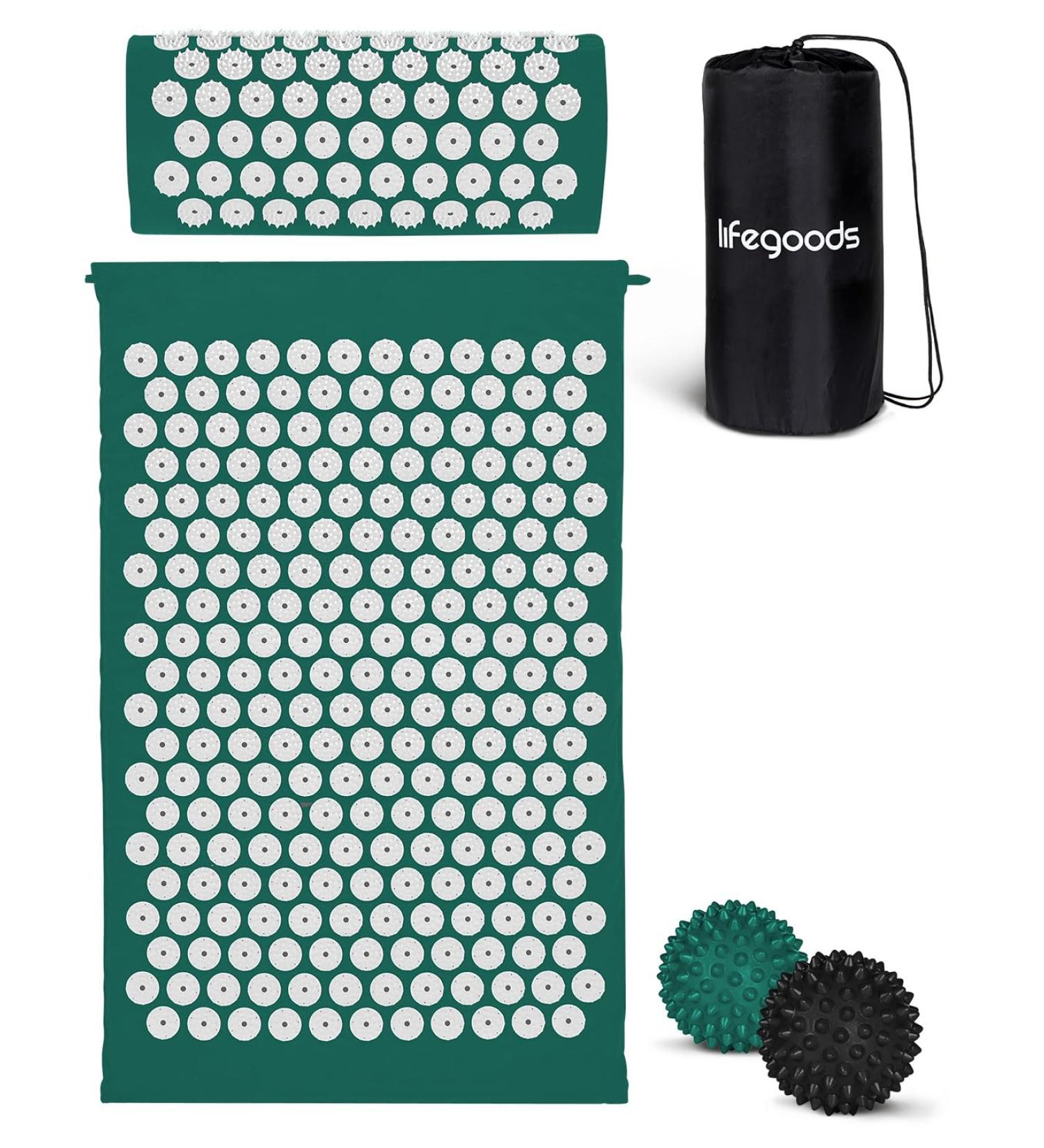 Lifegoods Acupressure Mat with Pillow - Battery-Powered Massage & Acupuncture Mat for Back Pain Relief - Green & White - Buy Online on GoSupps.com