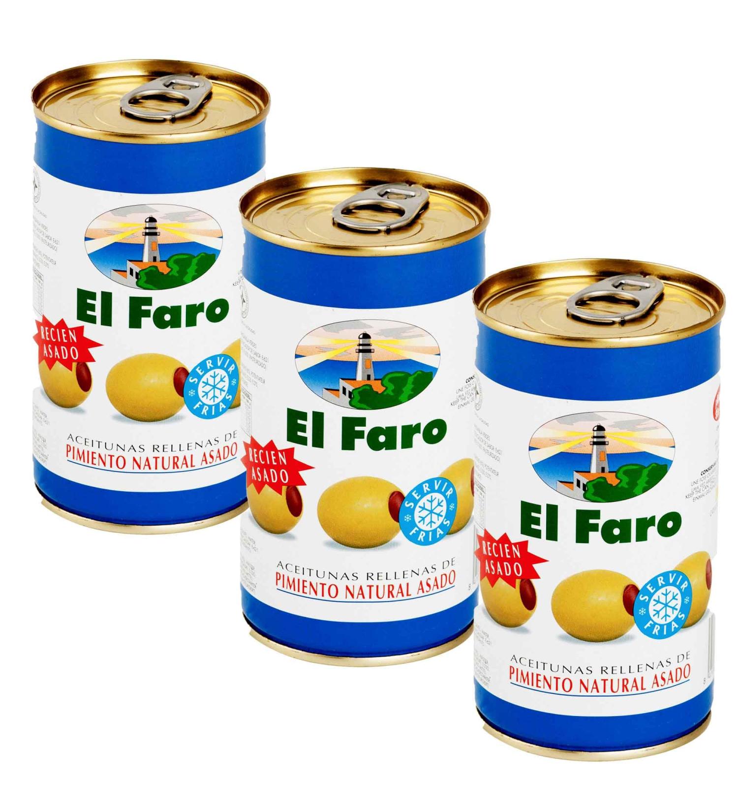 El Faro 3x 350g (150g drained) Spanish Manzanilla Green Olives Filled With Roasted Red Pepper Snack - Buy Online on GoSupps.com
