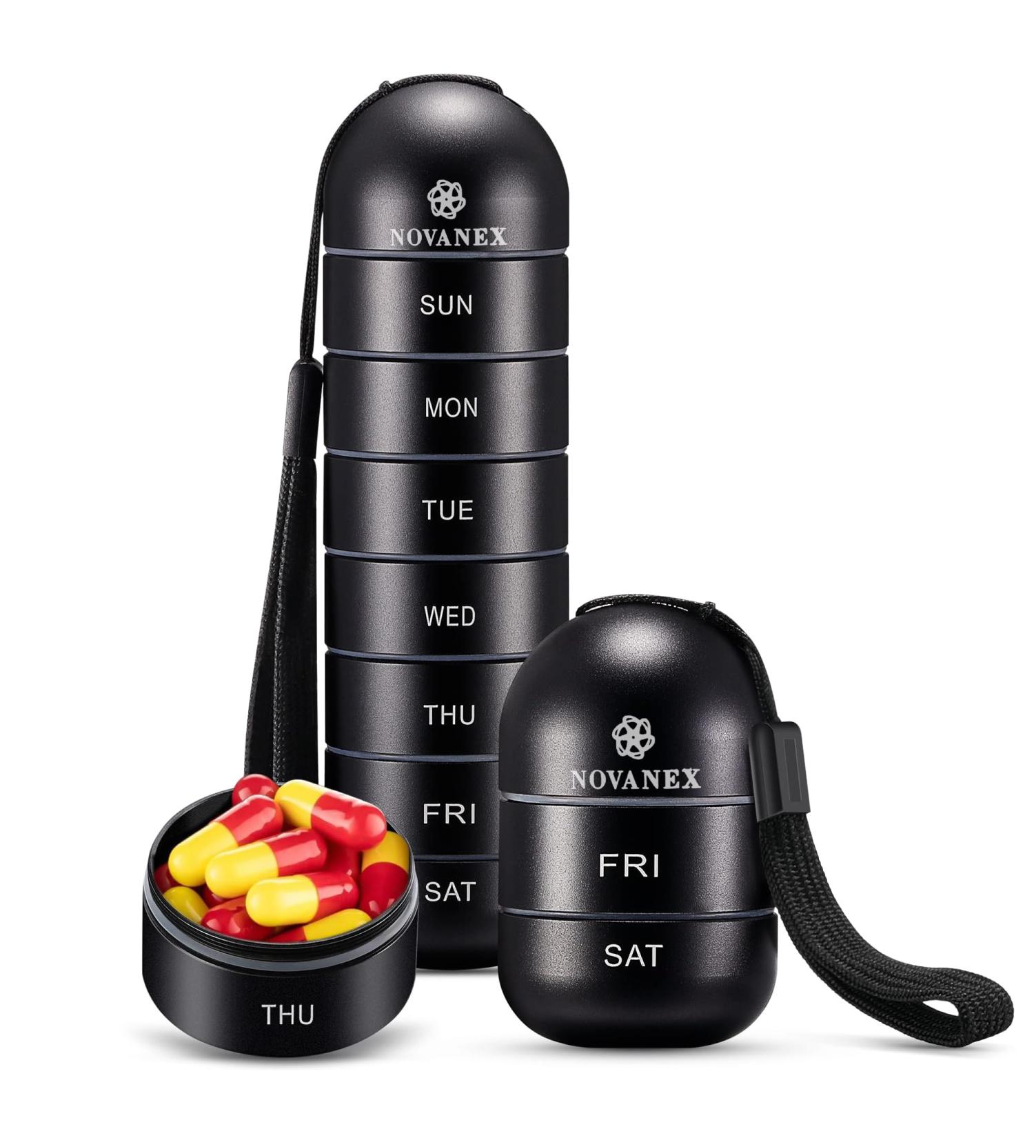 Weekly Pill Organizer - Stackable Aluminium Alloy Moisture Proof & BPA Free 7-Day Compartment for Vitamins Fish Oil & Supplements - Black - Buy Online on GoSupps.com