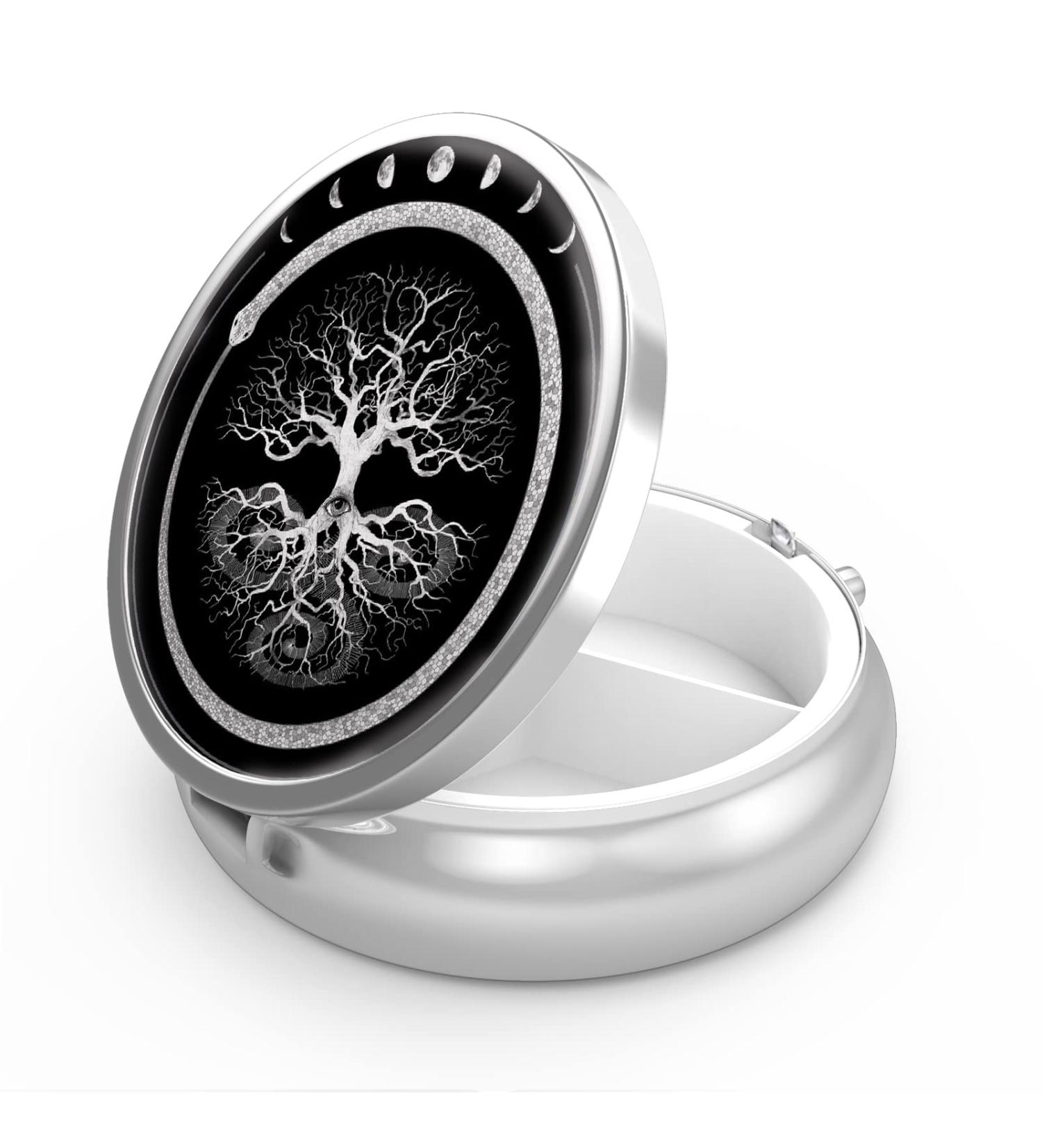 Portable 3-Compartment Pill Box - Tree of Life & Sun/Moon Design | Decorative Metal Organizer for Vitamins & Medicines - Ideal Gift - Buy Online on GoSupps.com