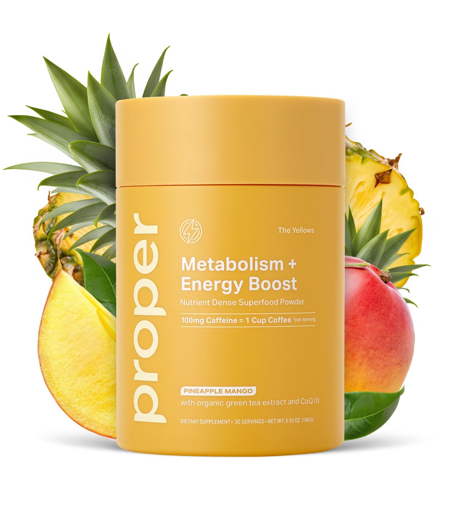 Proper The Yellows Metabolism and Energy Boost Sugar Free Energy Drink Powder with 100mg Caffeine. 30 Servings Pineapple Mango Drink Mix for Men and Women - Buy Online on GoSupps.com