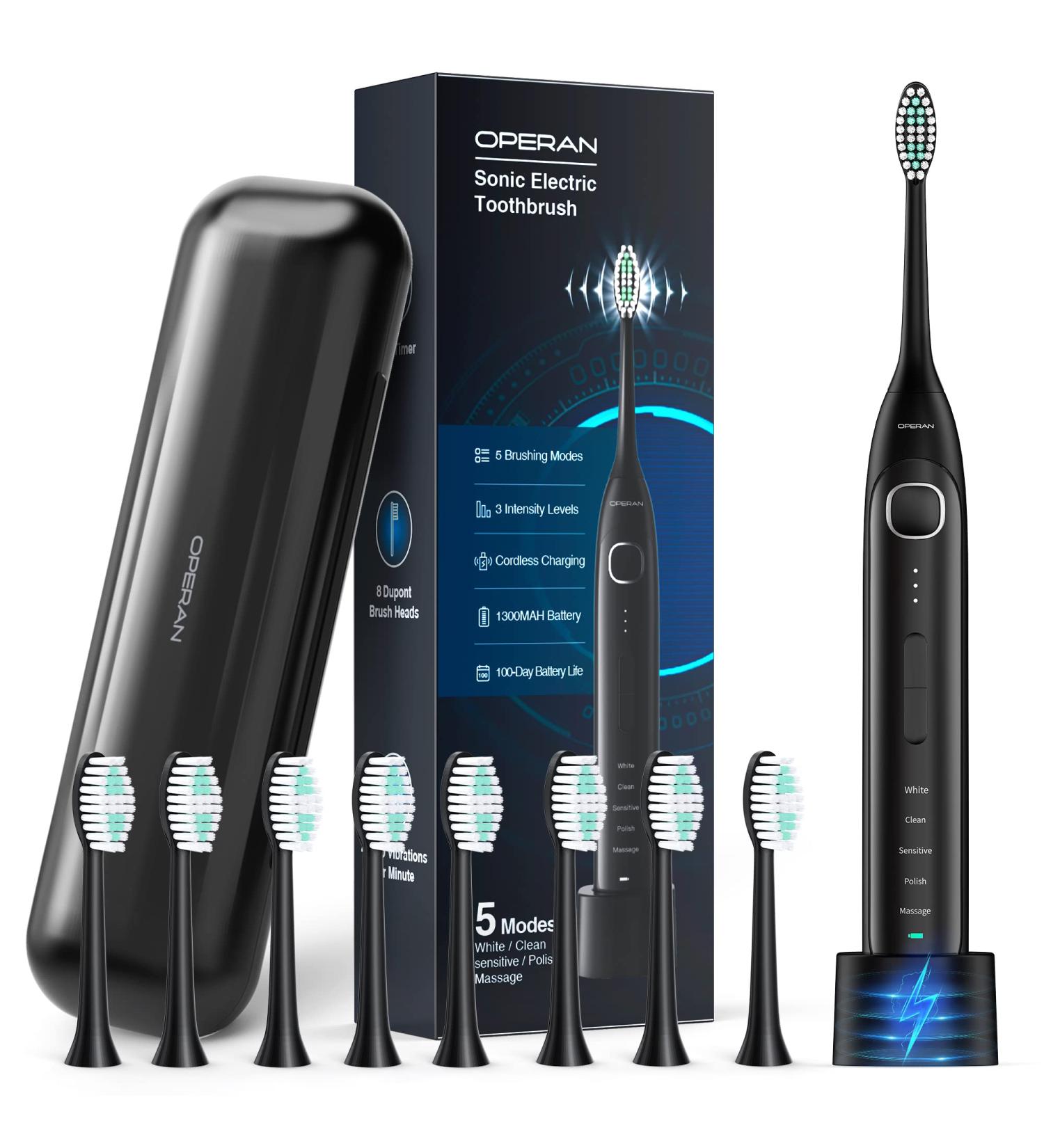 Operan Electric Toothbrush | Sonic Rechargeable for Adults & Kids | 5 Modes, 2-Min Timer | IPX7 Waterproof | 40,000 VPM Motor | 8 Brush Heads & Travel Case - Black - Buy Online on GoSupps.com