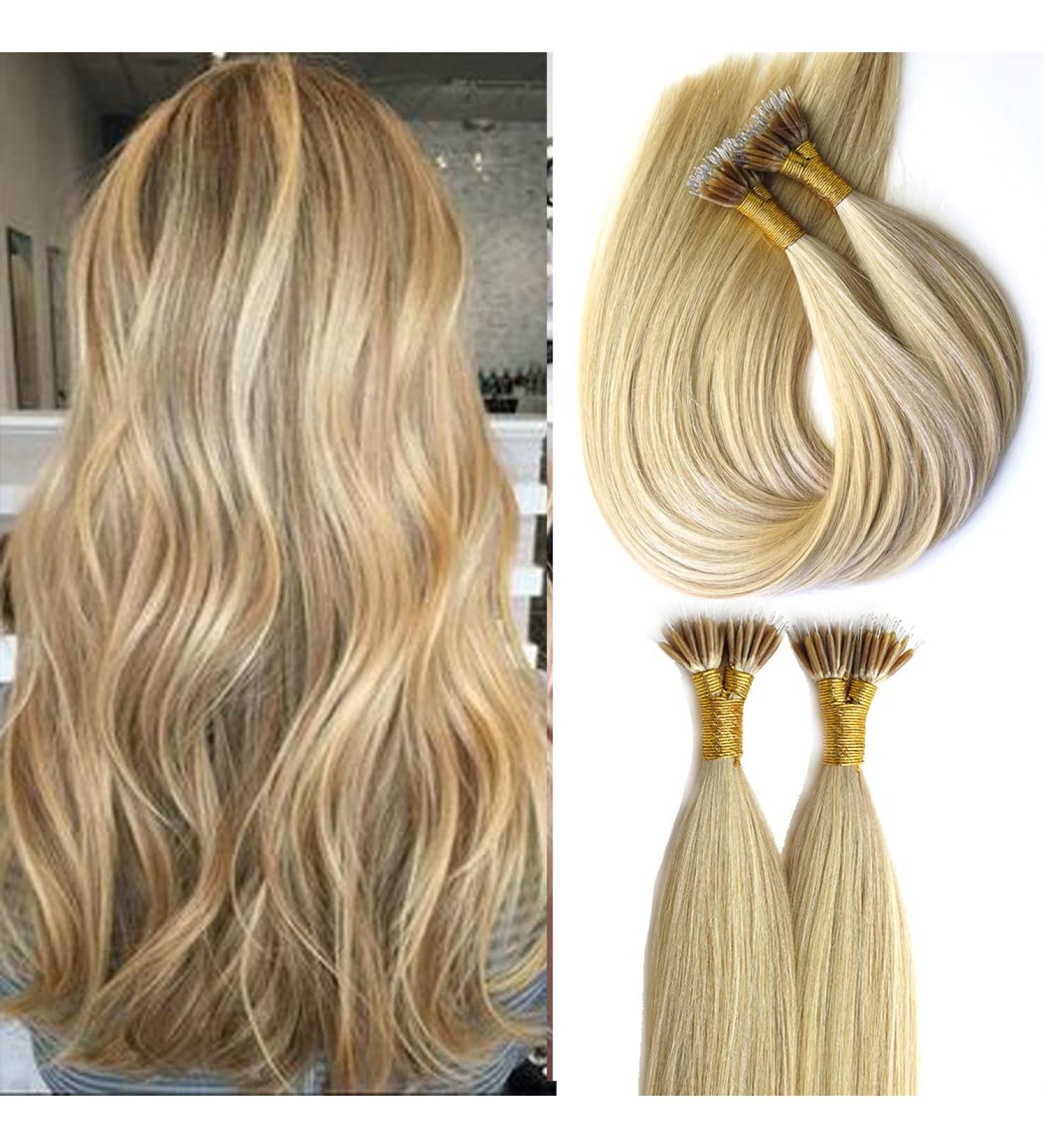 KOCONI Nano Ring Real Human Hair Extensions 22 50g 1g/Strand Nano Beads Keratin Tip Remy Hair #16/24 Ash Blonde Mix Bleach Blonde - Buy Online on GoSupps.com