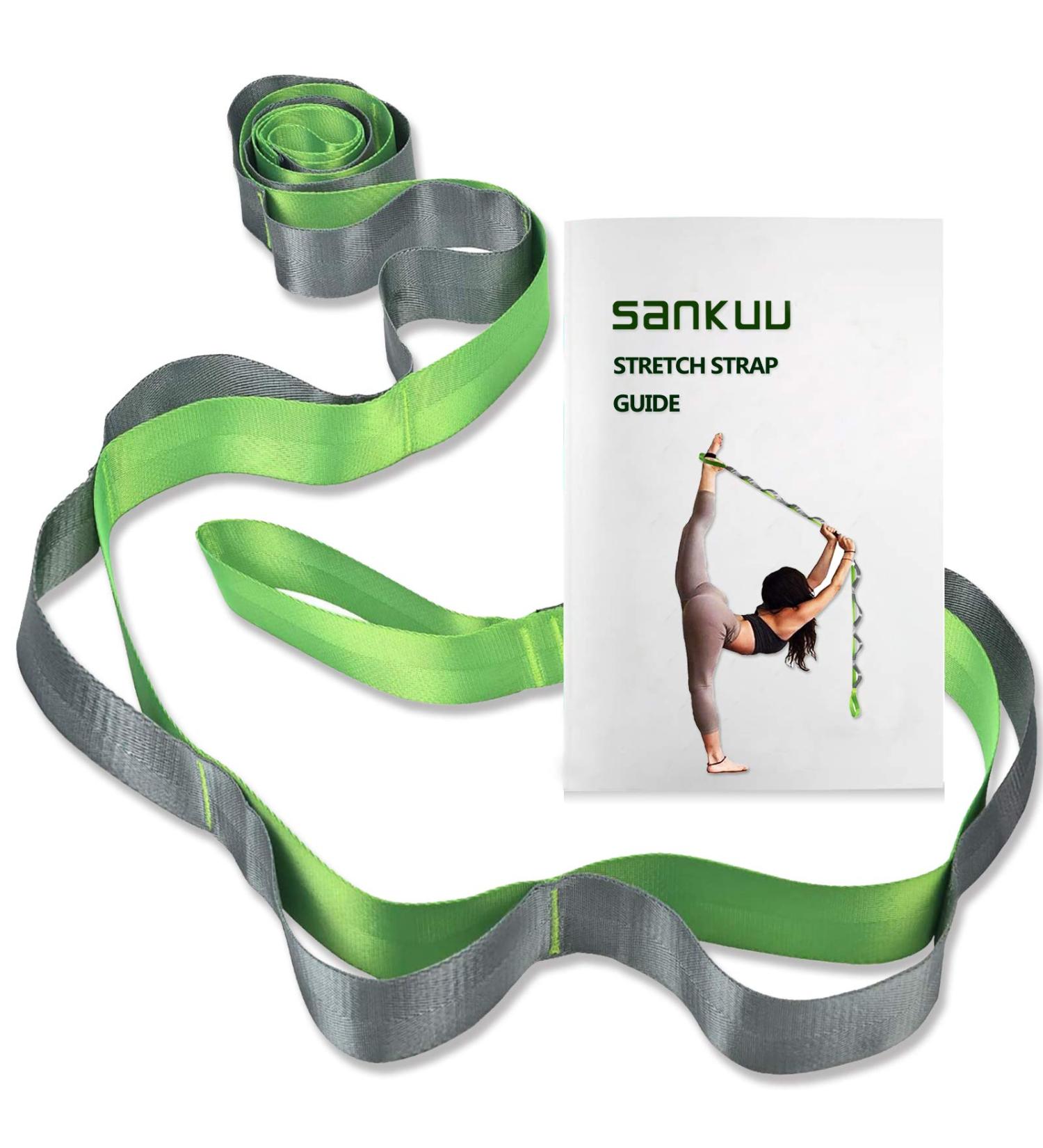 SANKUU Stretching Strap with 12 Loops + Workout Poster | Non-Elastic Yoga Straps for Physical Therapy & Exercise | Green Hamstring Stretcher for Pilates, Dance, Gymnastics | Women & Men - Buy Online on GoSupps.com