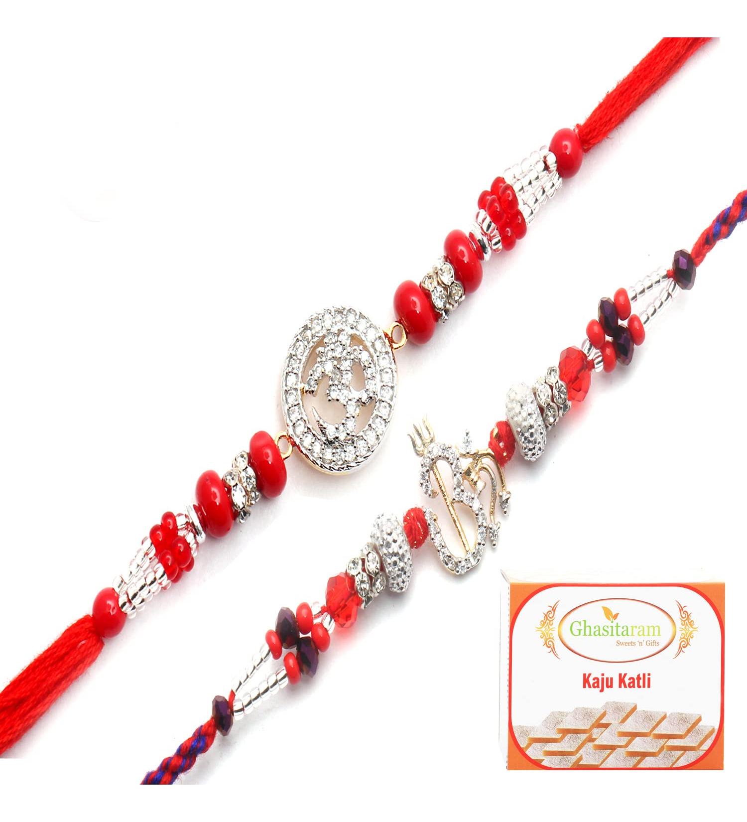 Ghasitaram Gifts Rakhi for Brother Rakhis Online - Set of 2 Chants of Om and Blessings of The Highest Aura Premium Rakhis with 400 GMS of Kaju katli - Buy Online on GoSupps.com
