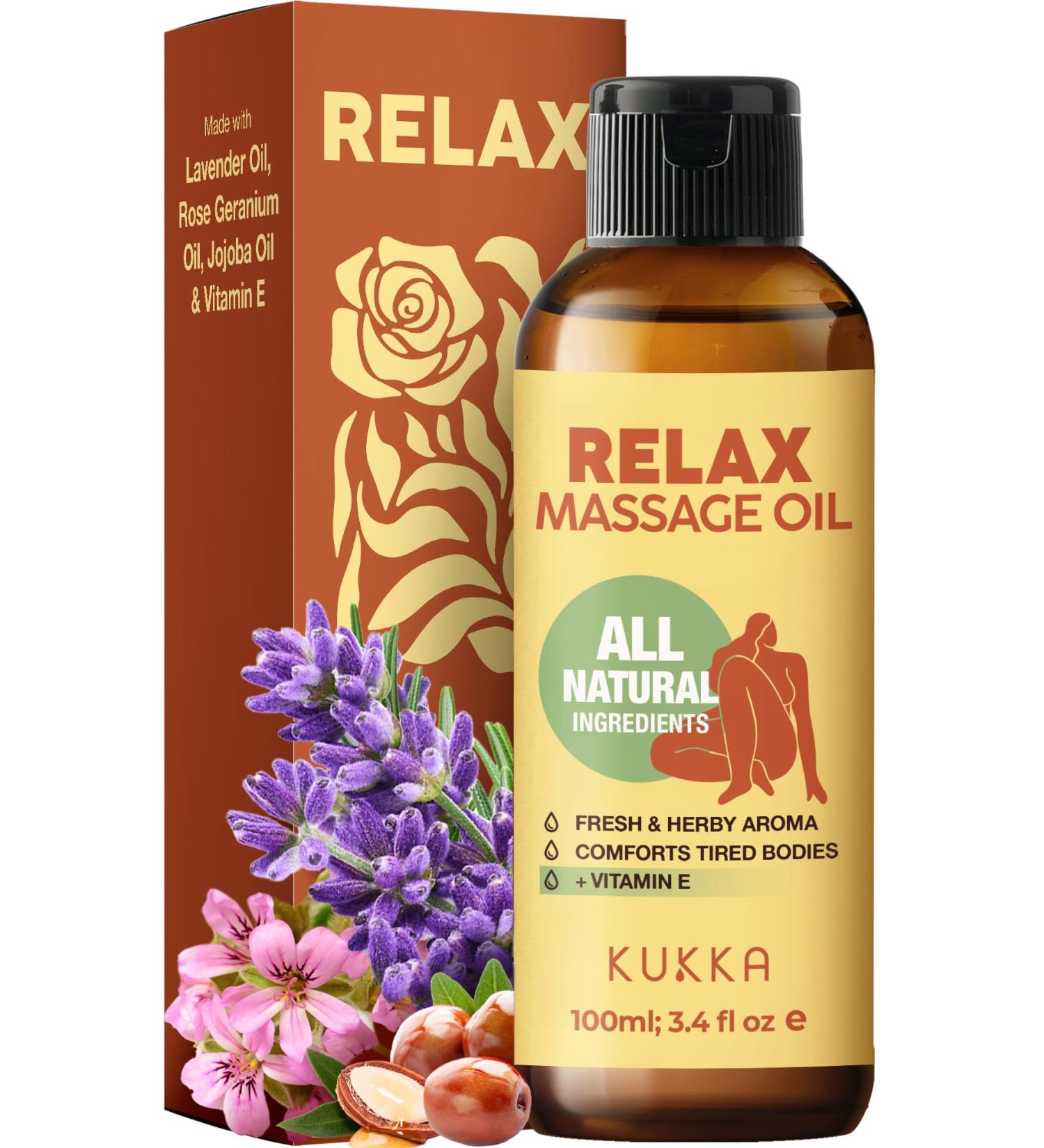 Kukka Relax Massage Oil - Spa Quality Warming Body Oil Infused with Lavender Jojoba & Rose Geranium - 3.4 oz for Men & Women - International Shipping Available - Buy Online on GoSupps.com