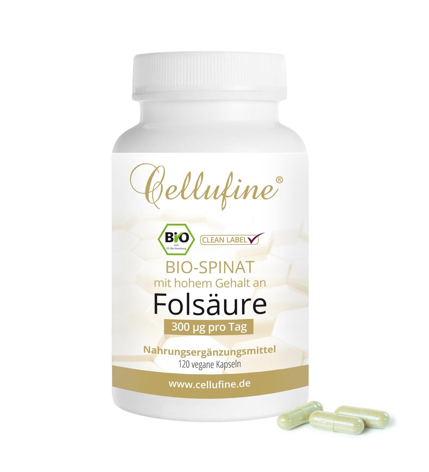 Cellufine Organic Spinach Capsules - High Folic Acid 120 Vegan Capsules Allergen-Free Gluten-Free & Lactose-Free - Pure Lemon Shell Extract - Buy Online on GoSupps.com