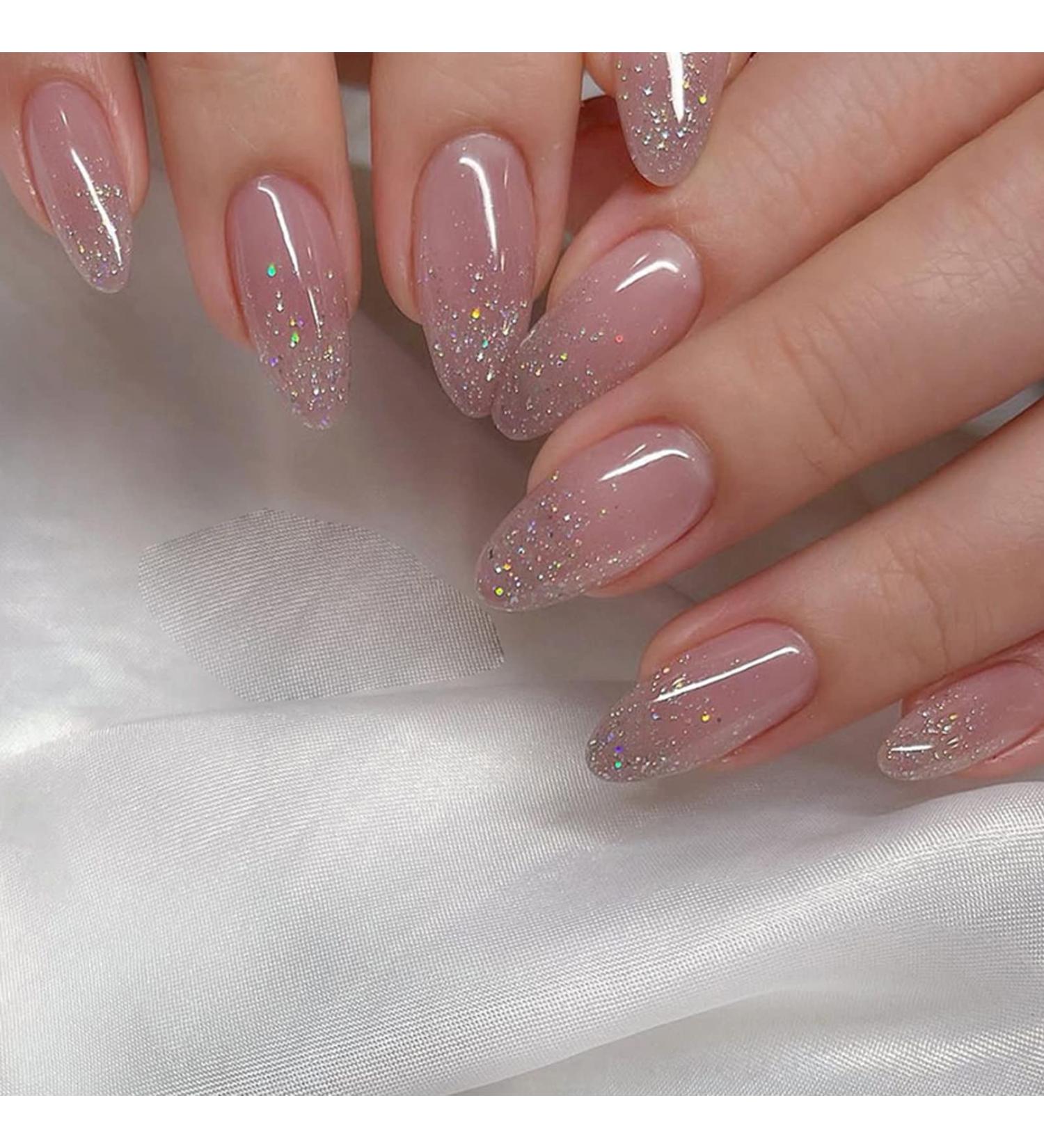 Almond Glitter Press On Short False Nails - 24Pcs Pink French Glossy Fake Nails with Nail Glue for Women and Girls - Nail Art - Buy Online on GoSupps.com