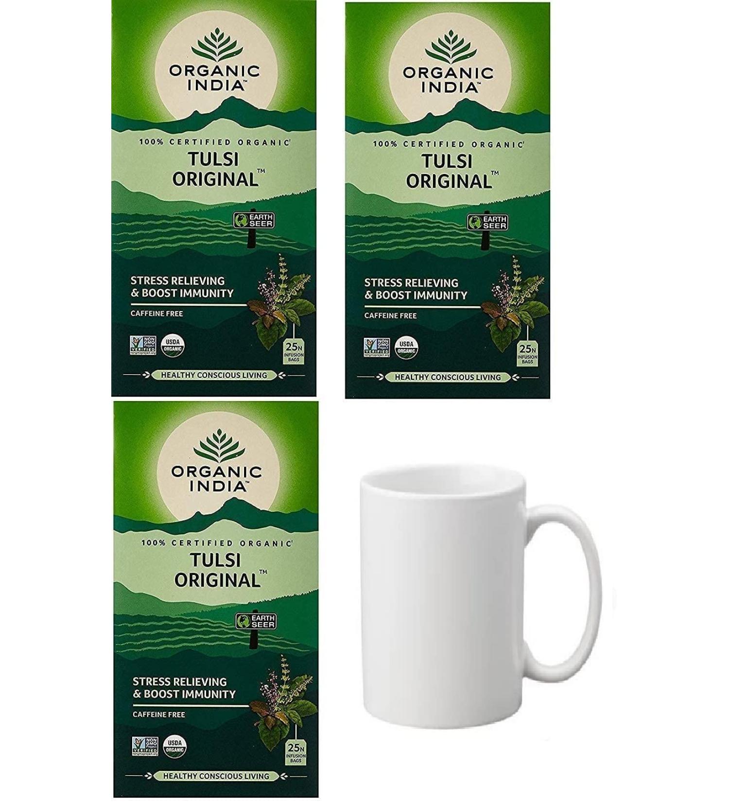 Tulsi Original Tea 25 Infusion Tea Bags in 1 Pack Fat to Fit Pack of 3 + Free Ceramic Glass - Buy Online on GoSupps.com