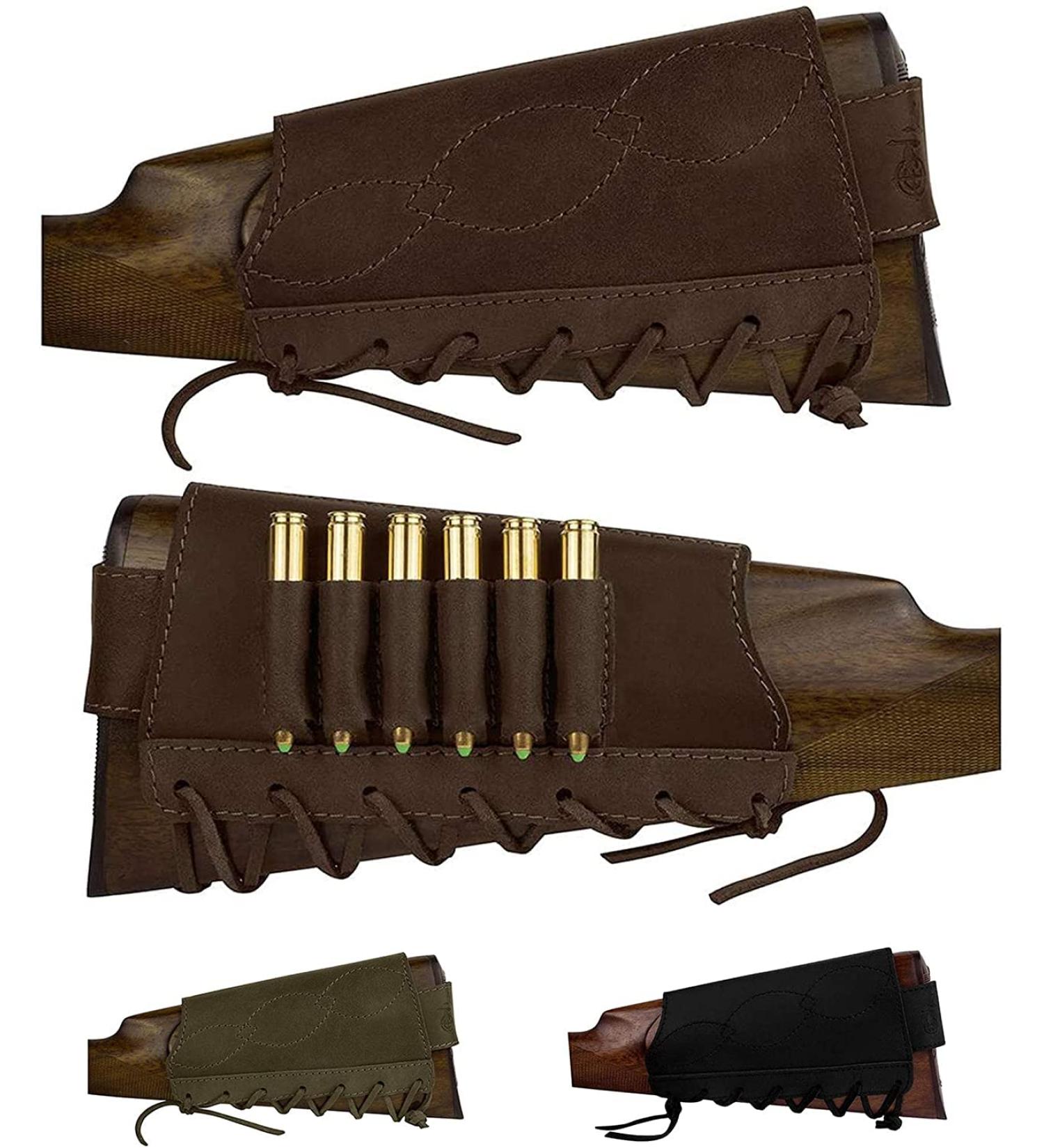 BRONZEDOG Adjustable Leather Buttstock Cartridge Holder for Rifles - 12/16 Gauge, .30-30, .308 Caliber - Hunting Ammo Pouch Bag - Right Handed Shotgun Shell Holder - Brown - Buy Online on GoSupps.com