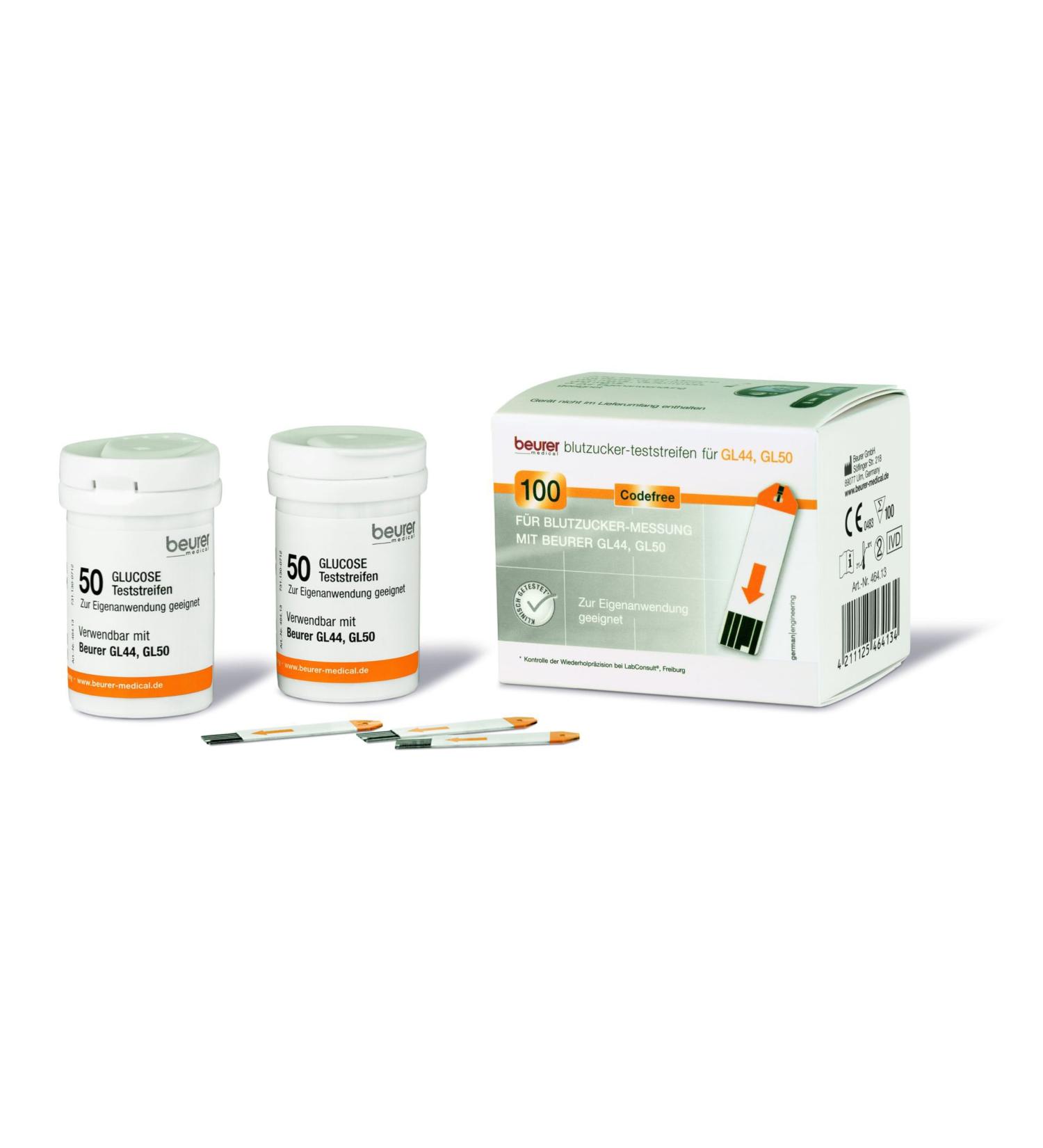 Beurer blood sugar test strips for use with GL 44 GL 50 and GL 50 EVO 100 pieces (2 x 50s can) suitable for your own application tested test strip quality 1 piece (1 Pack)