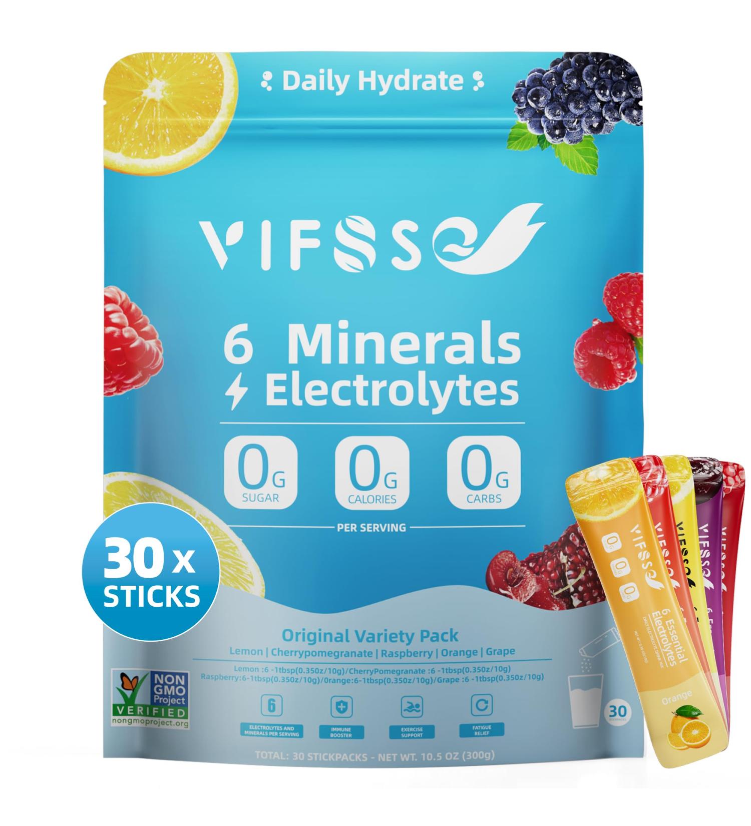 Electrolyte Powder Drink Mix - Rapid Hydration with 6 Minerals & Electrolytes, 30 Sticks, Sugar-Free Variety Packs of Lemon, Raspberry, Cherrypomegranate,Orange, Grape, for Workout & Energy Recovery - Buy Online on GoSupps.com