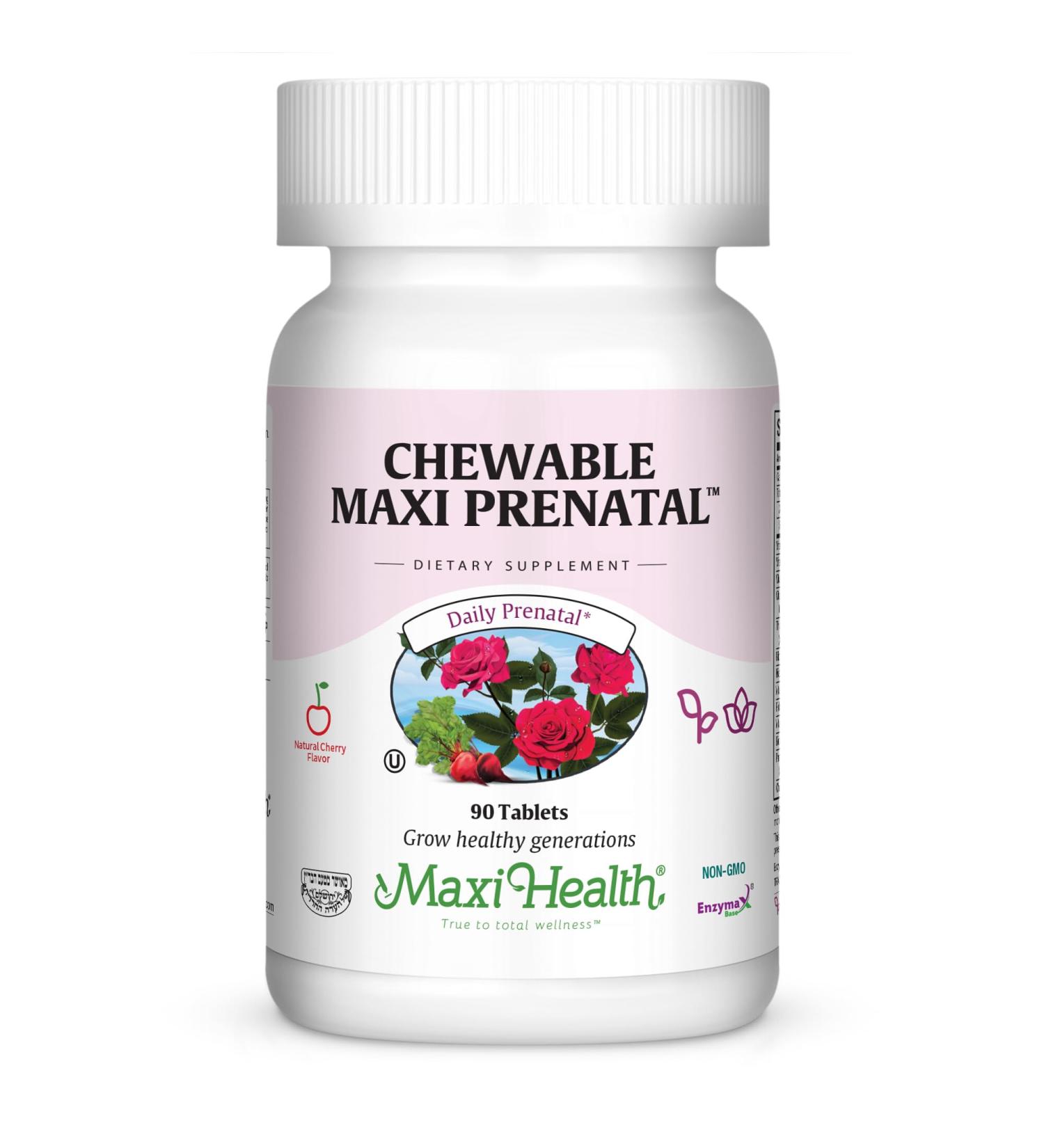 Maxi Health Chewable Prenatal Vitamins for Women Prenatal with Iron Biotin Pantothenic Acid & Magnesium Kosher Cherry Flavor Pregnancy Vitamins 90 Tablets