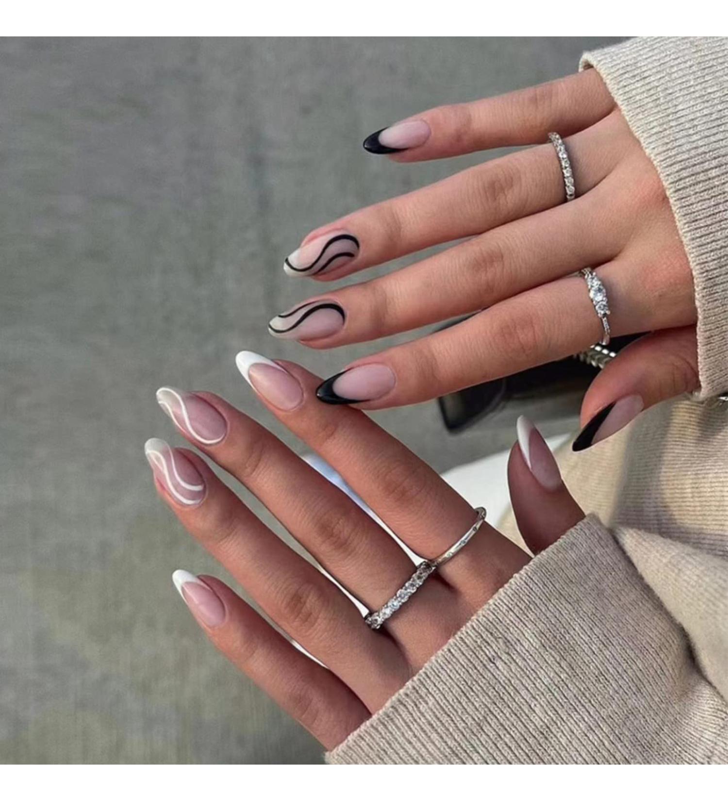 Justotry 24 Pcs Black and White Swirl Almond False Nails - Trendy French Press Design | Nail Glue Included - Oval Medium Stick on Nails for Women - Buy Online on GoSupps.com