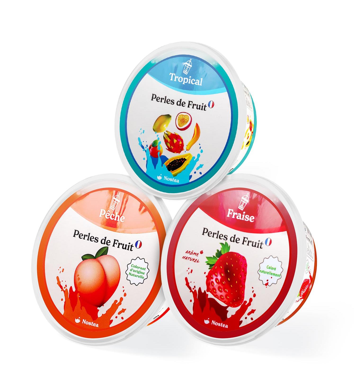 Nostea - Set of 3 Pots Tropical Bubble Tea Beads Peach Strawberry - Popping Boba Gluten Free - Fruit Juice Beads for Tea Drinks - Made in France - 3x 450g - Buy Online on GoSupps.com