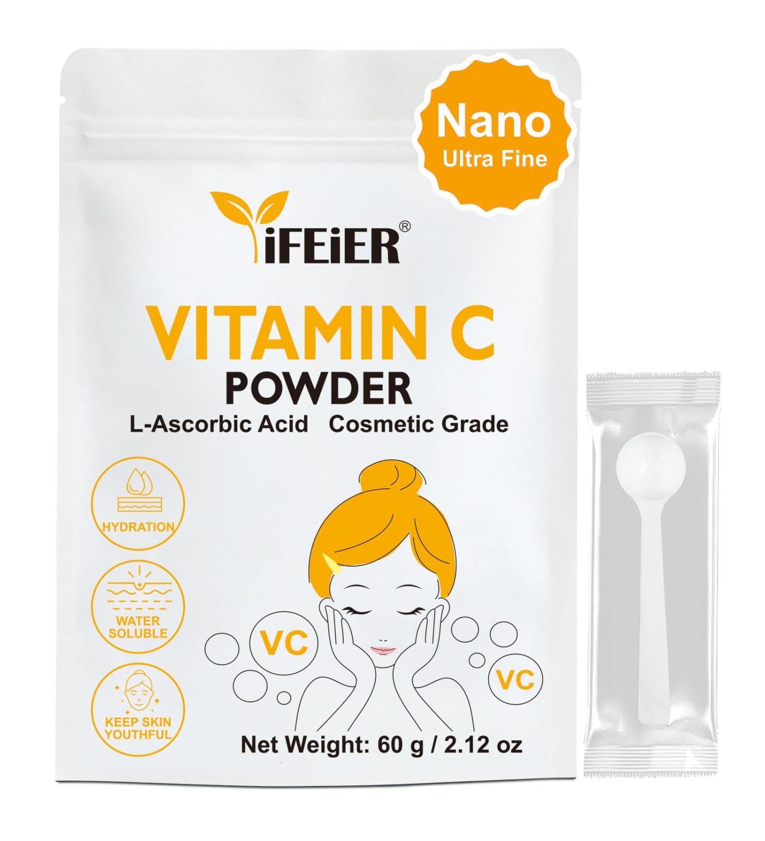 iFEiER Cosmetic Grade Vitamin C Powder for face | Nano Ultra Fine | Pure Vitamin C serum powder for Skin | 60g 2.12oz L-Ascorbic Acid VC for DIY Serum Creams | VC for face and skin - Buy Online on GoSupps.com