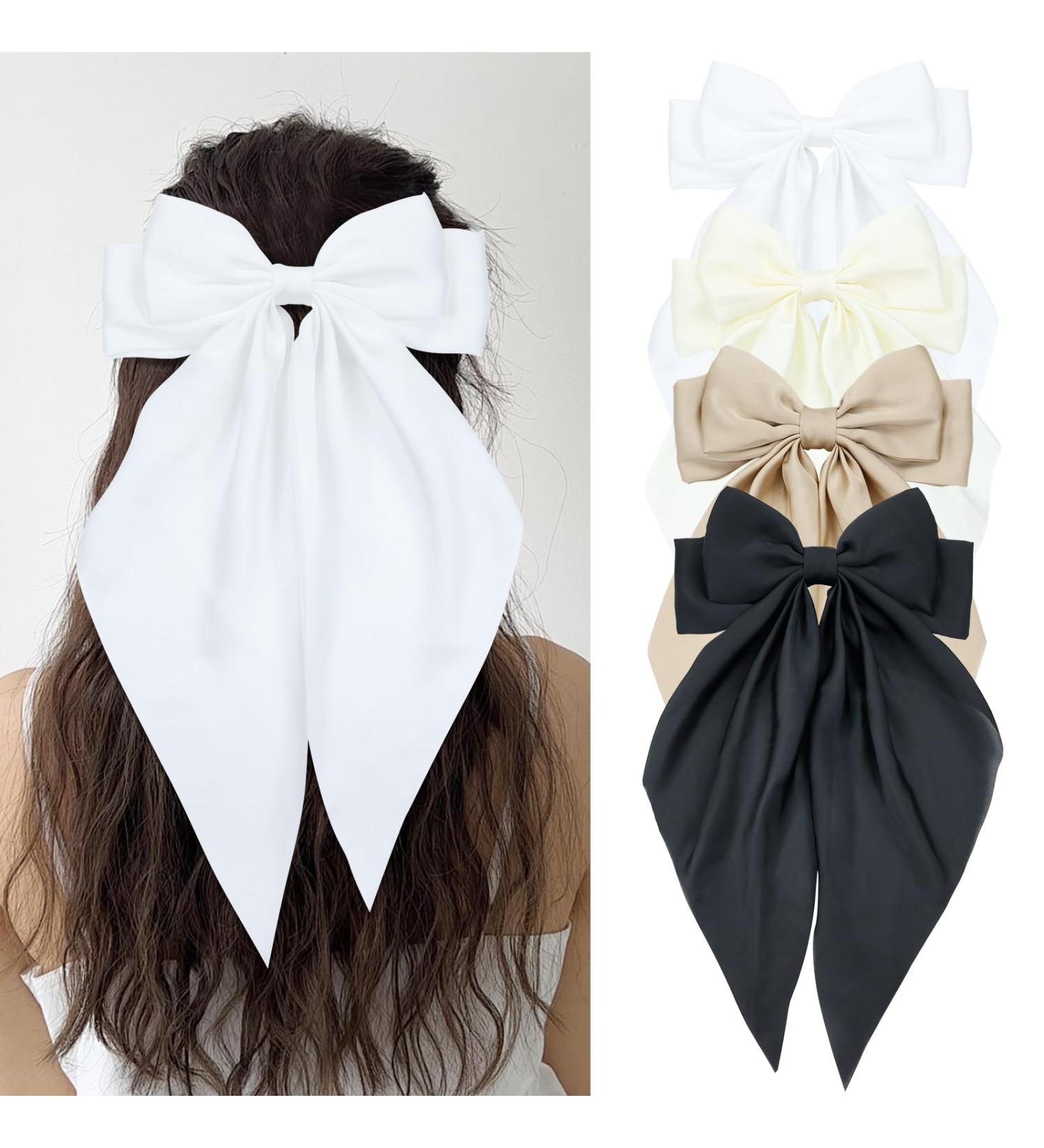 Cinaci 4 Pieces Large Big Oversized Satin Hair Bows with Long Tail French Barrettes Hair Clips Accessories for Women Girls Teens White Ivory Khaki Black - Buy Online on GoSupps.com