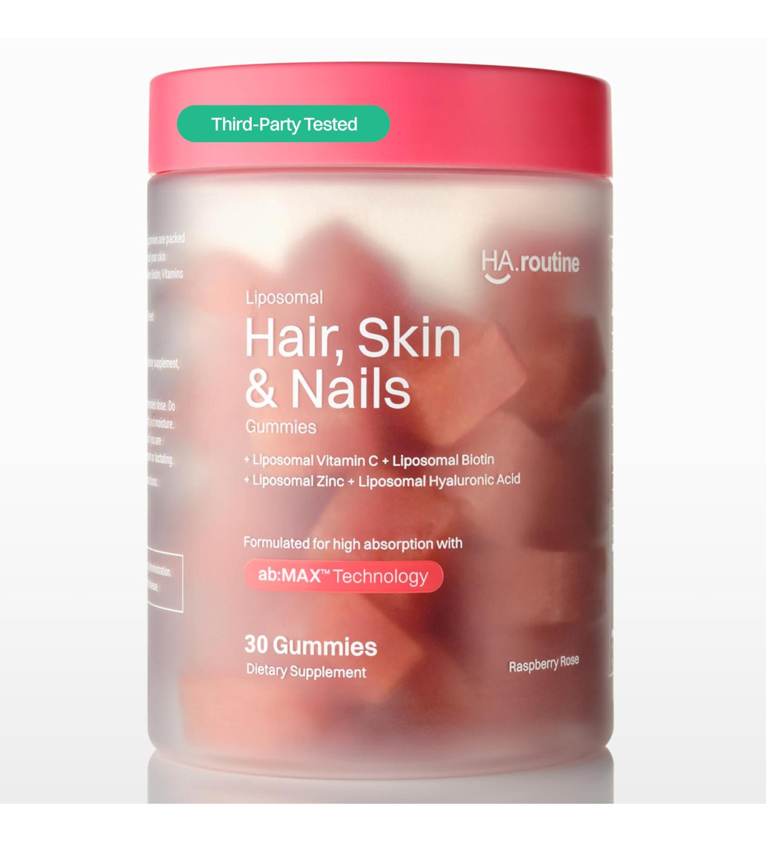 Haroutine Liposomal Hair, Skin & Nails Gummies, 2500 mcg Liposomal Biotin, 1200 mcg Vitamin A, 2 mg Vitamin E, Healthy Hair, Nail Strengthener, Skin Support - 30 Servings Raspberry Rose Flavor - Buy Online on GoSupps.com