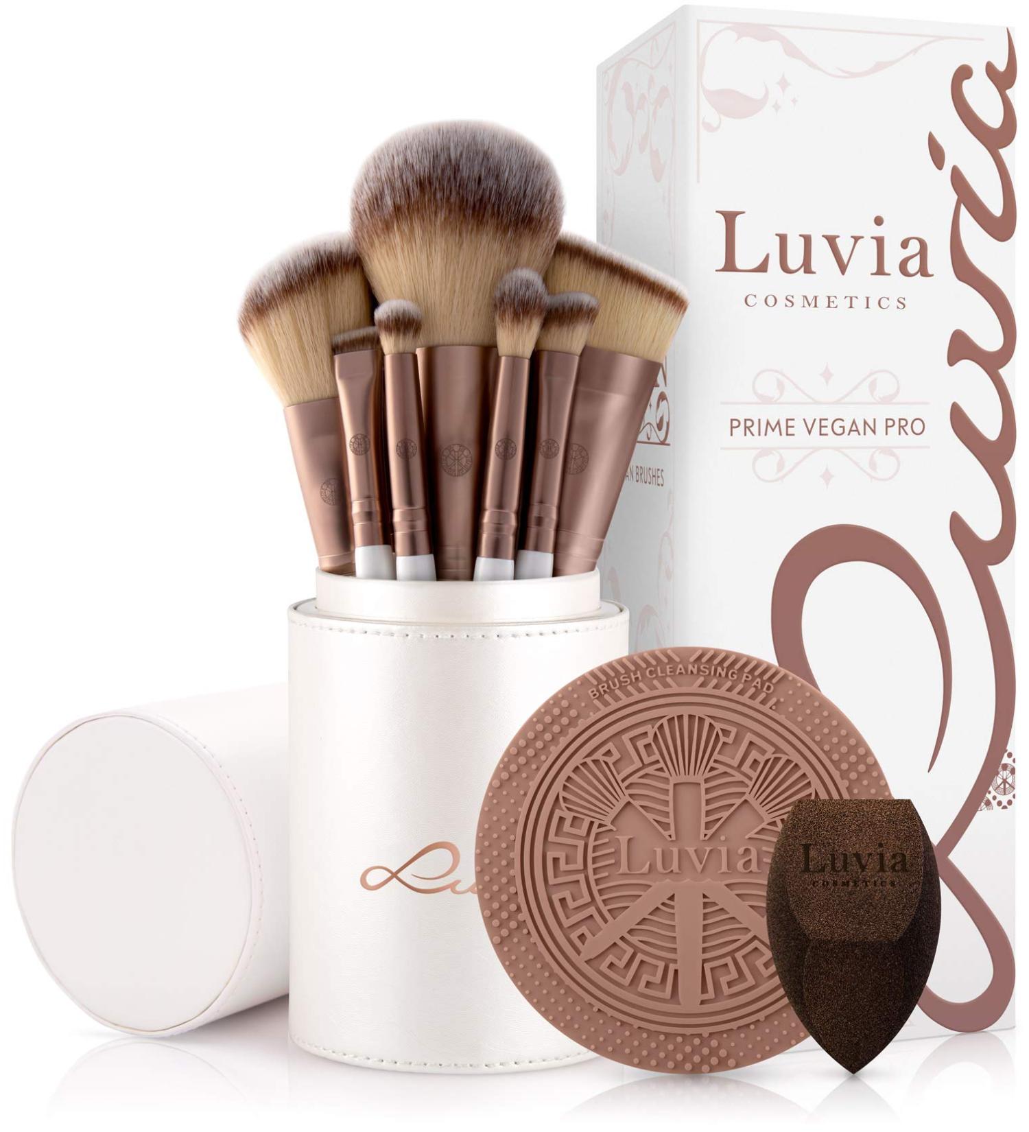 Premium Luvia Vegan Pro Makeup Brush Set - 12 Brushes Storage Blender Sponge & Cleaning Mat - Mother-of-Pearl & Coffee | International Shipping Available - Buy Online on GoSupps.com