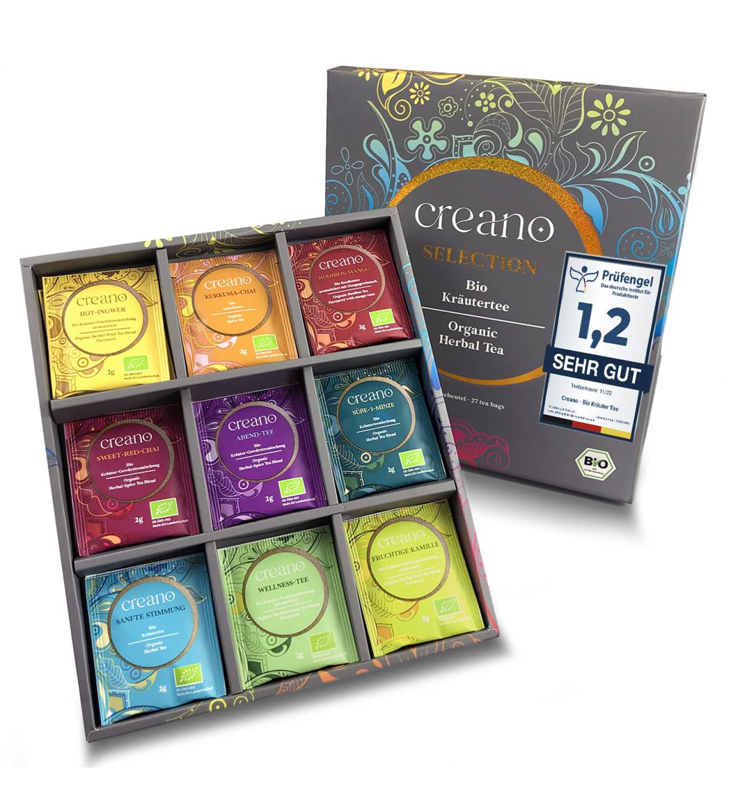 Creano Organic Herbal Tea Gift Set - 27 Tea Bags in 9 Varieties - Perfect Organic Tea Gift for Tea Lovers - Buy Online on GoSupps.com