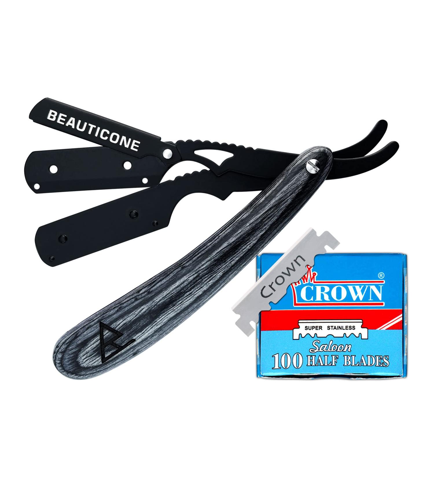 BEAUTICONE Professional Barber Straight Razor for Men | Matte Black Wooden Handle with 100 Single Edge Blades - Buy Online on GoSupps.com