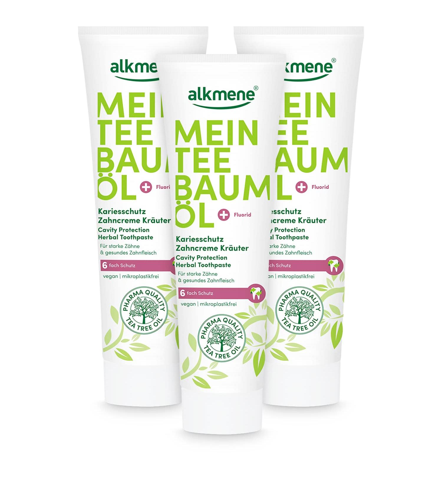 Alkmen Tea Tree Oil Toothpaste - 3x100ml | Fluoride-Free Vegan Climate-Neutral | 6-Fold Protection for Strong Teeth & Healthy Gums - Buy Online on GoSupps.com