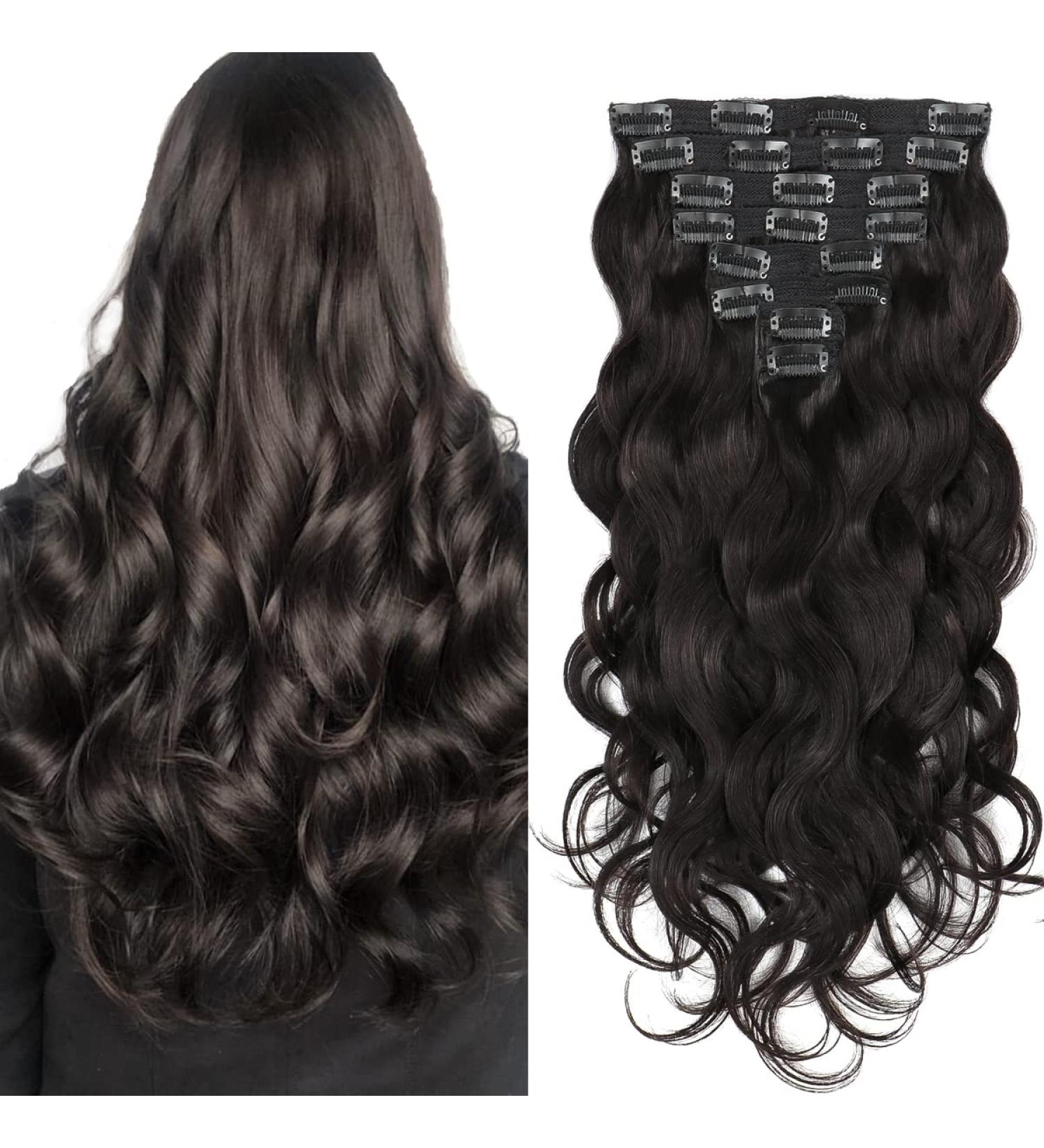 Body Wave Clip In Human Hair Extensions - 120g 8pcs 16 #1B Natural Black - Women's Wavy Hairpiece - BW-Natural Black - Buy Online on GoSupps.com