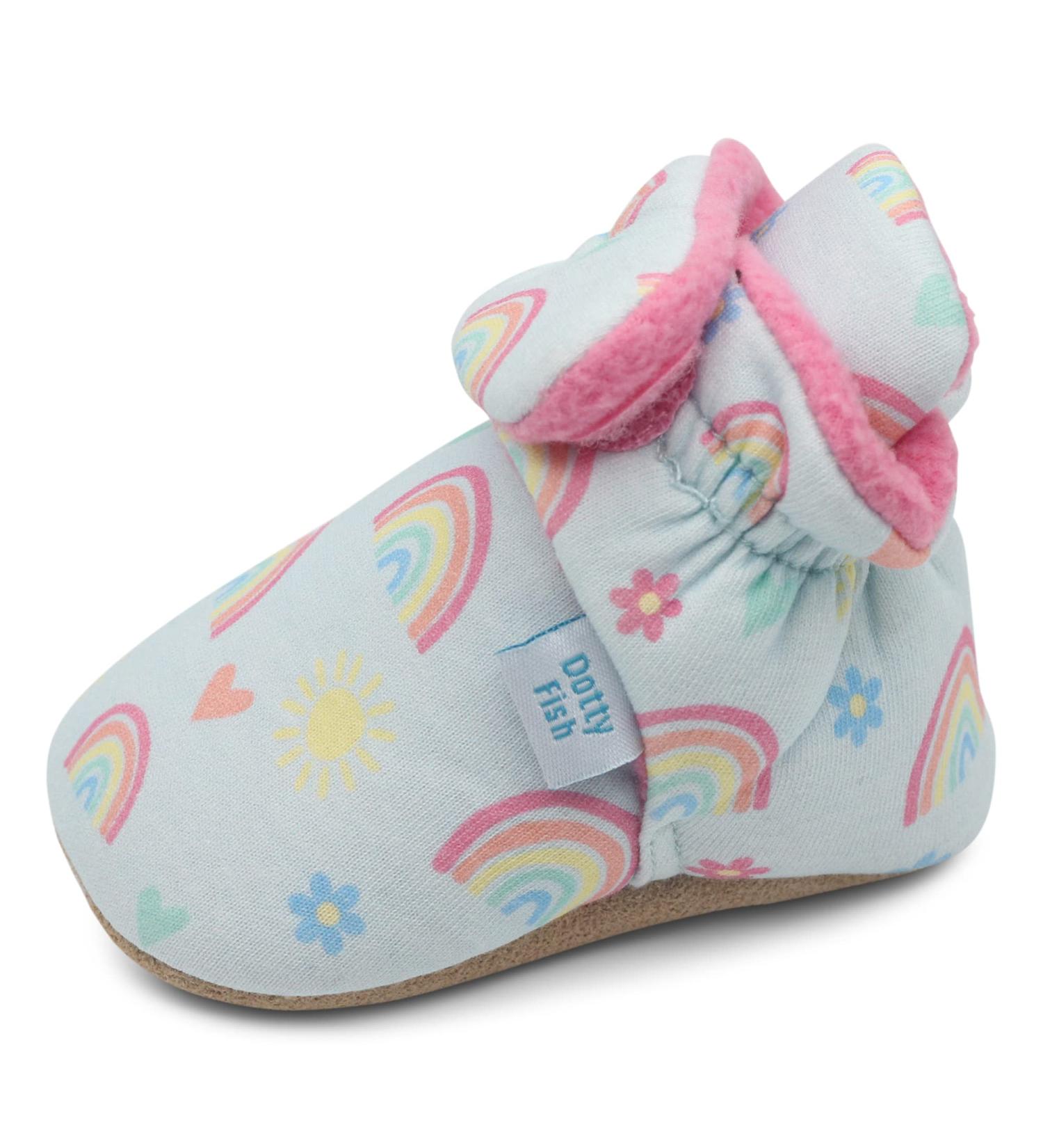 Dotty Fish Cotton Baby Booties | Suede Sole, Fleece Lining | Non-Slip Pram Shoes for Boys, Girls, Unisex | 12-18 Months Blue with Rainbows and Hearts - Buy Online on GoSupps.com