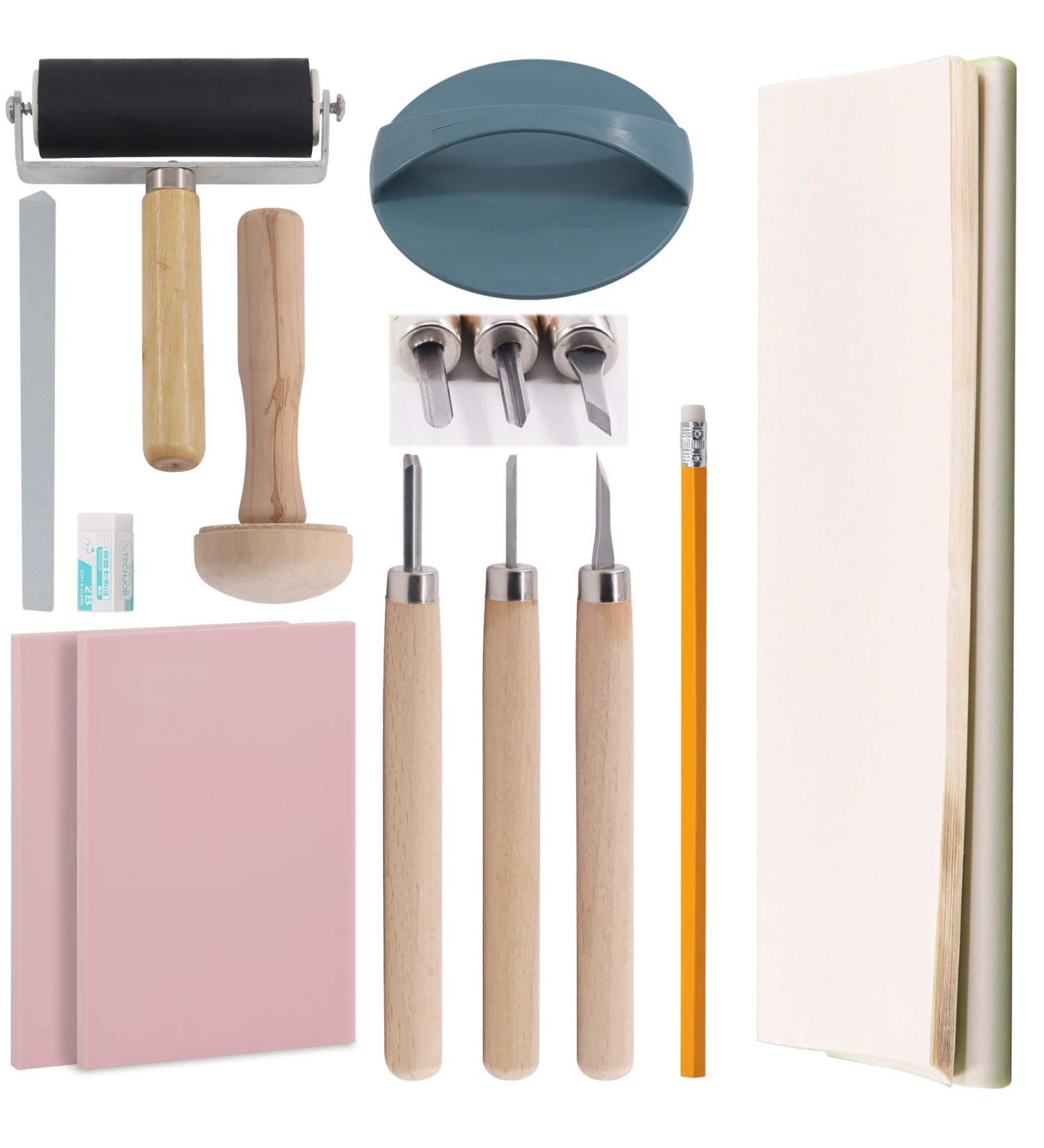 Rustark 42Pcs Rubber Stamp Making Kit for Printmaking - Carving Knives, Blocks, Roller, Ink Brayer, Tracing Paper & More - Buy Online on GoSupps.com