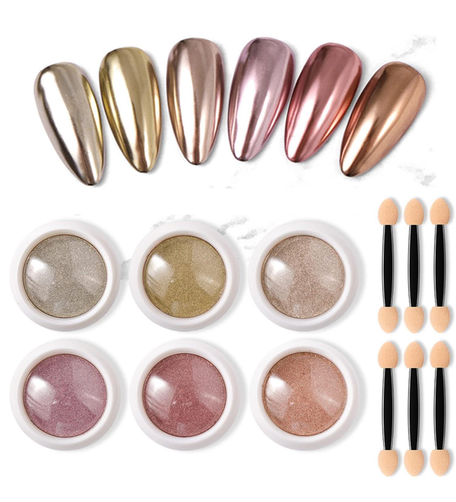 Chrome Nail Powder Set - Metallic Glitter Holographic Mirror Shine Palette for Magic Mirror Effect - 6Pcs Rose Gold Manicure Powders - Buy Online on GoSupps.com