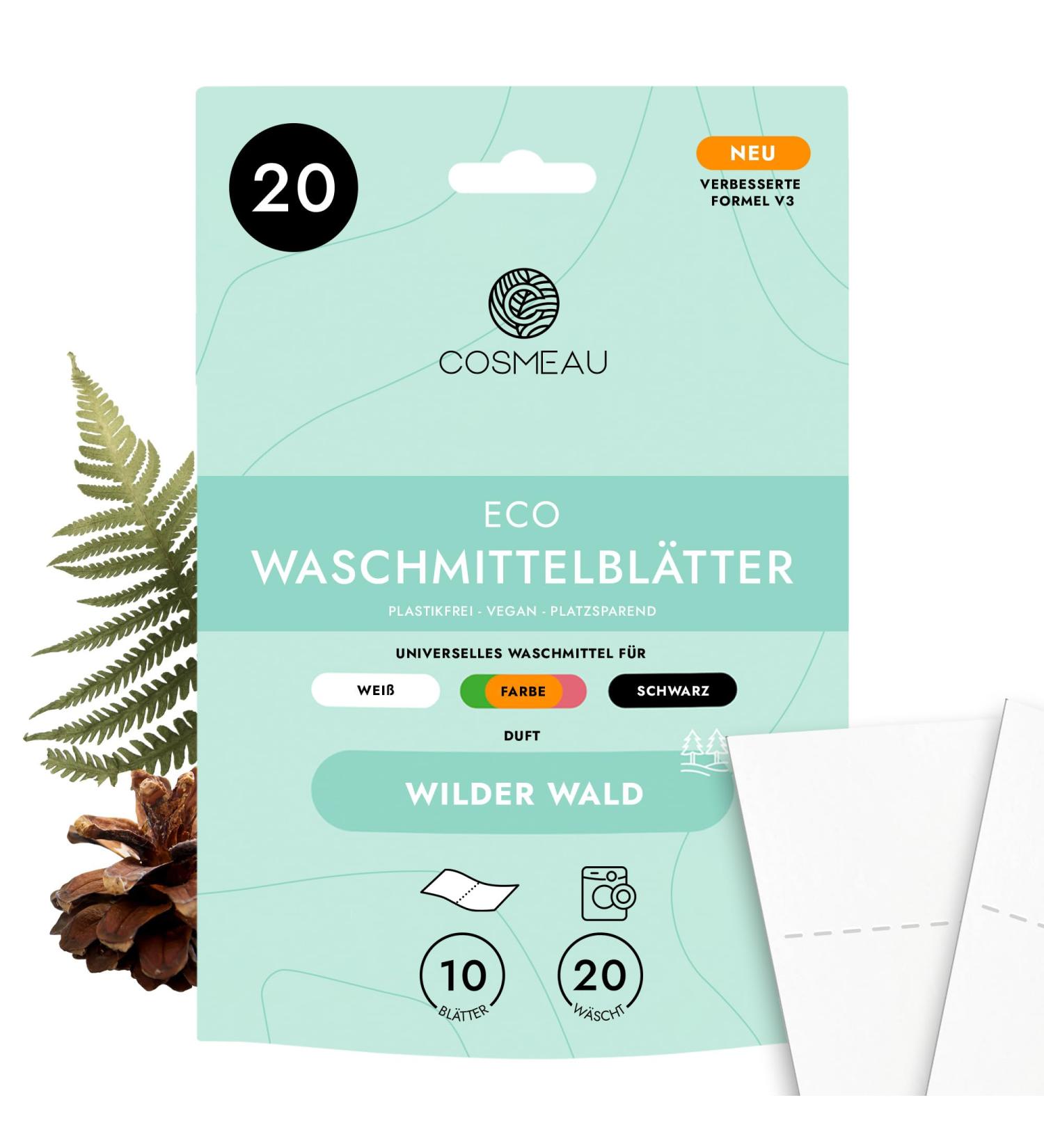 Cosmeau Wild Forest Detergent Leaves - Eco-Friendly Plastic-Free 20 Washes (10 Leaves) - Perfect for Whites Colors & Blacks - Sustainable Travel Solution - Buy Online on GoSupps.com