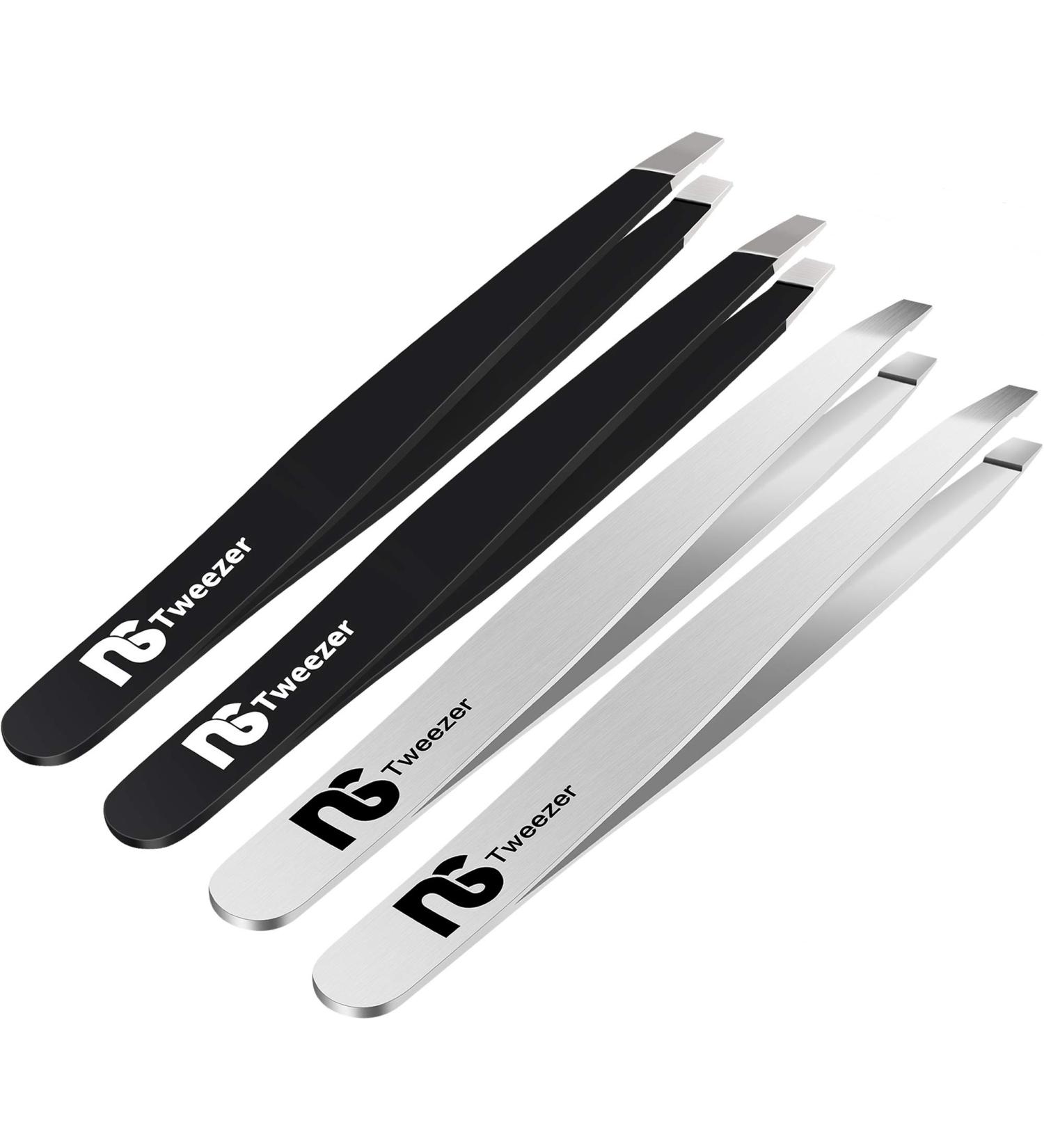 Slant Tweezers 4-Pack - Professional Stainless Steel Eyebrow & Facial Hair Pluckers - Precision Personal Care in Black & Natural - Buy Online on GoSupps.com