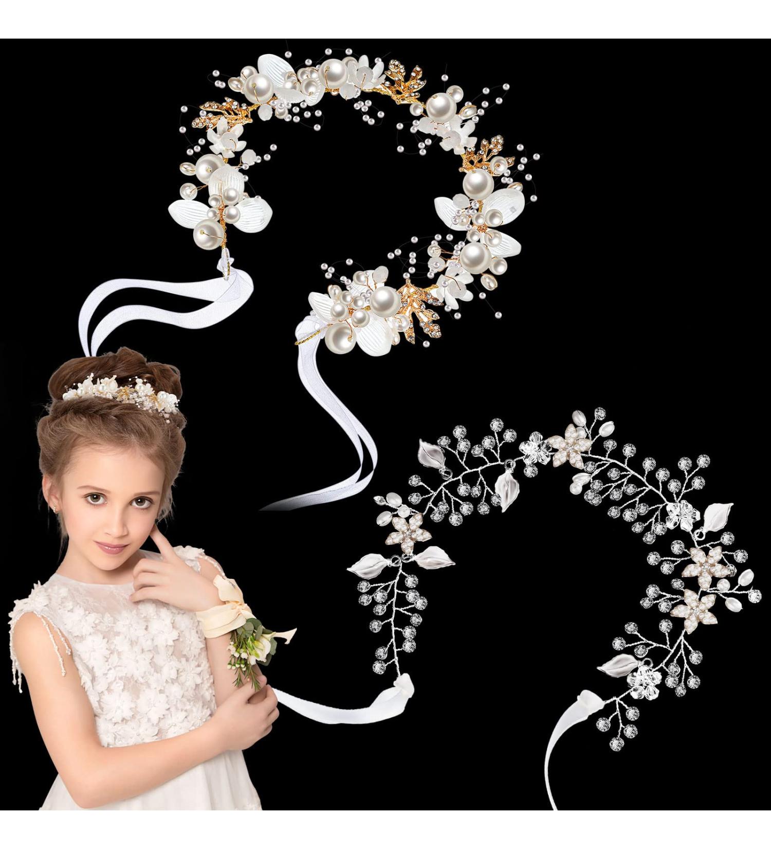 Wedding Flower Girl Headband Set - Rhinestone & Faux Pearl Hair Piece for Bride - Silver Bridal Accessories for Girls - Ideal for Wedding, Communion, Prom - Buy Online on GoSupps.com