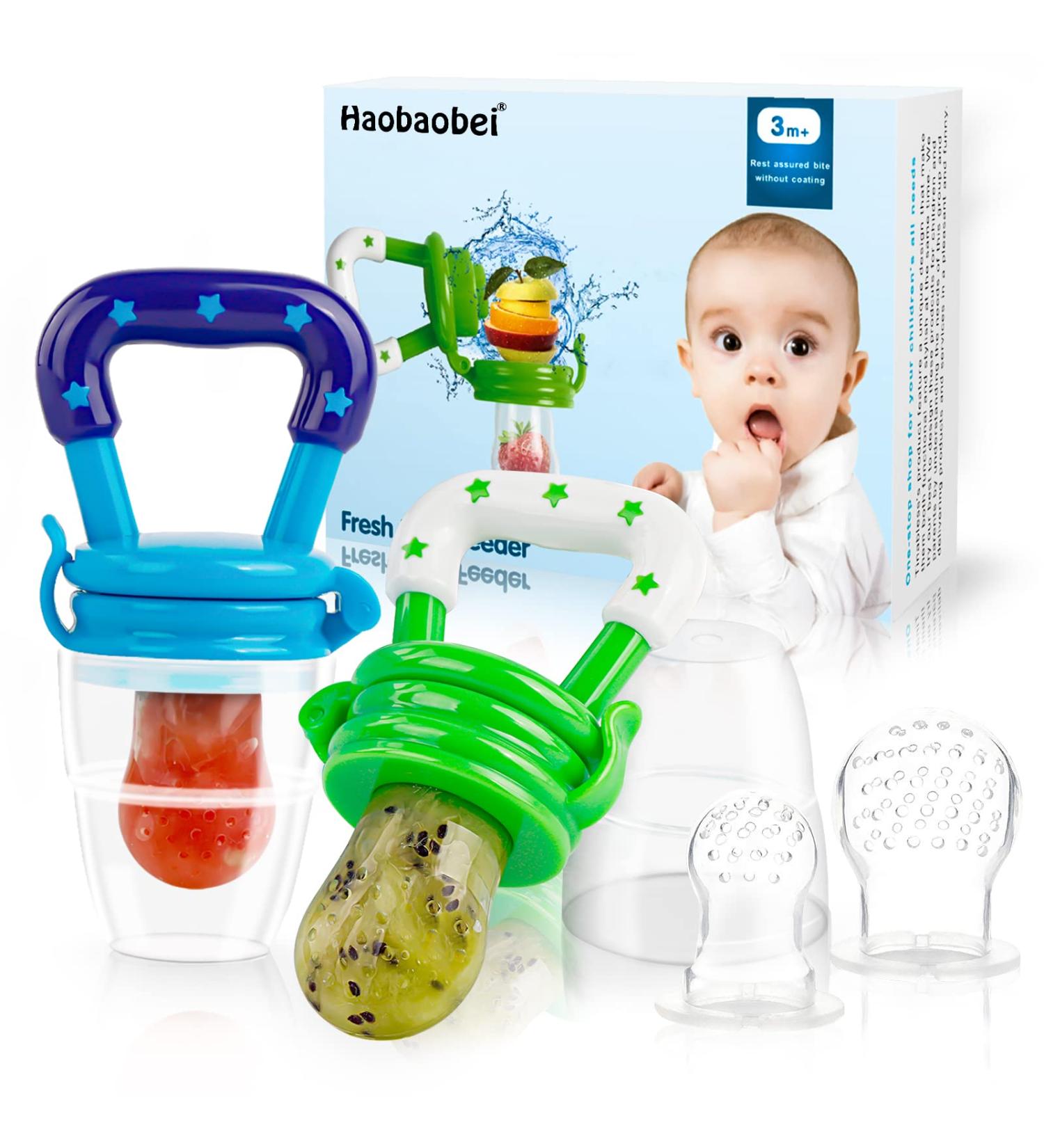 HAOBAOBEI Baby Food Feeder/Fruit Pacifier Teether (2 Pack) with 3 Silicone Pouches - Blue & Green - Buy Online on GoSupps.com
