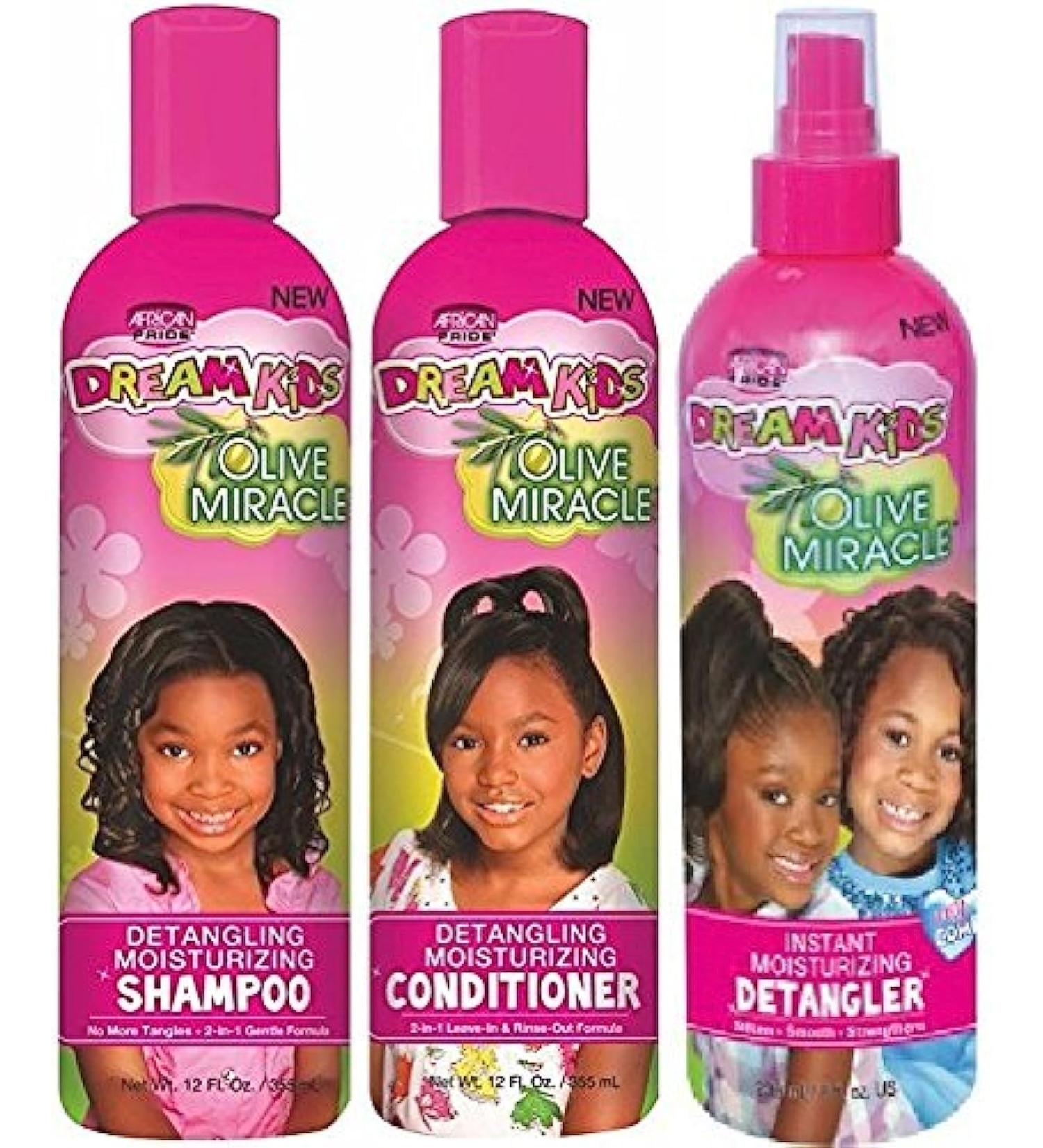 African Pride Dream Kids Olive Miracle Trio Combo (Detangling Moisturizing Shampoo Conditioner and Detangler)